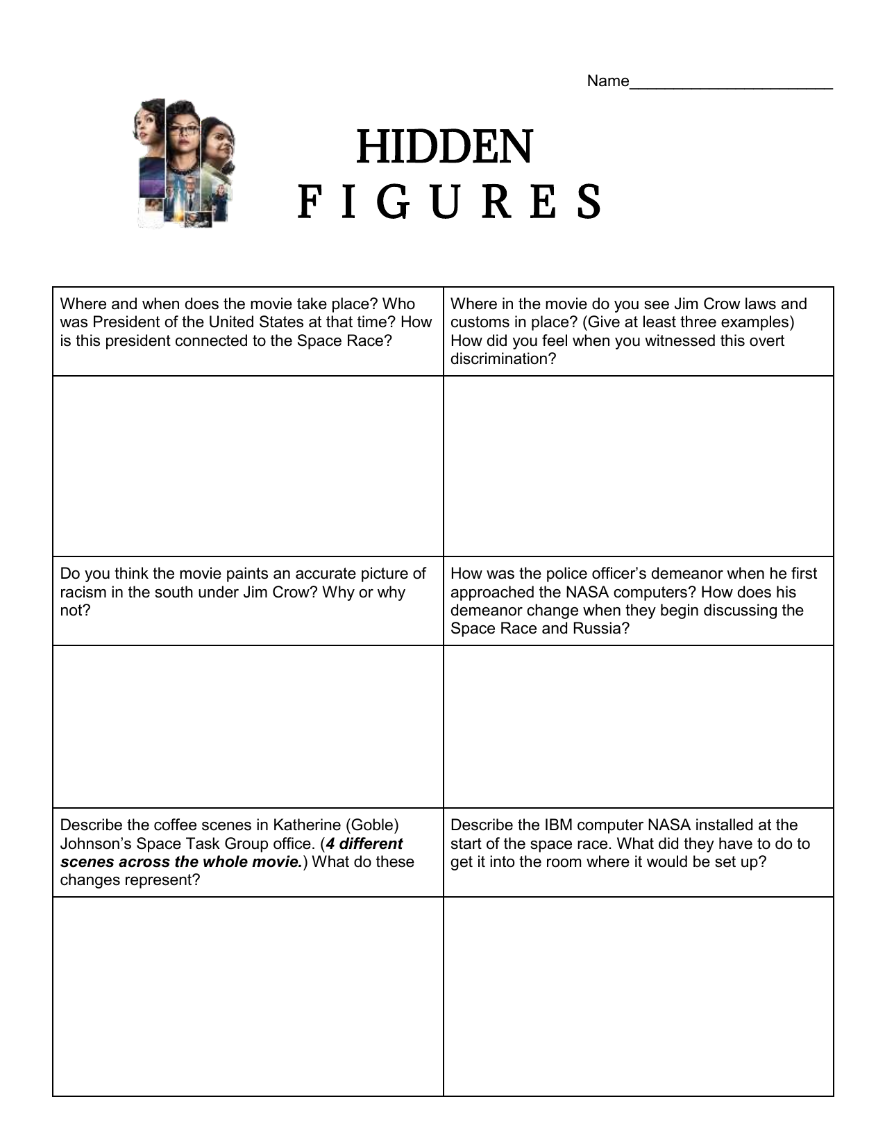 Hidden Figures Movie Worksheet Analysis Discussion