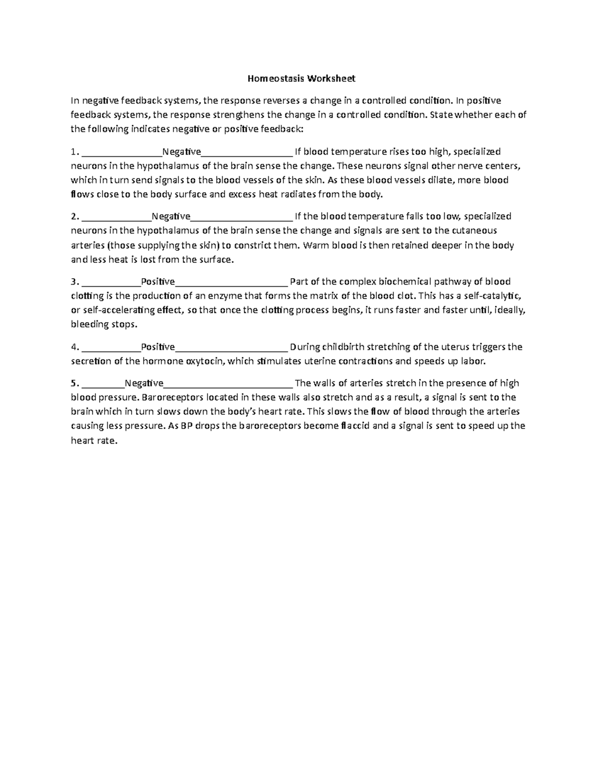 Homeostasis Worksheet Answers Feedback Mechanisms Explained Studocu
