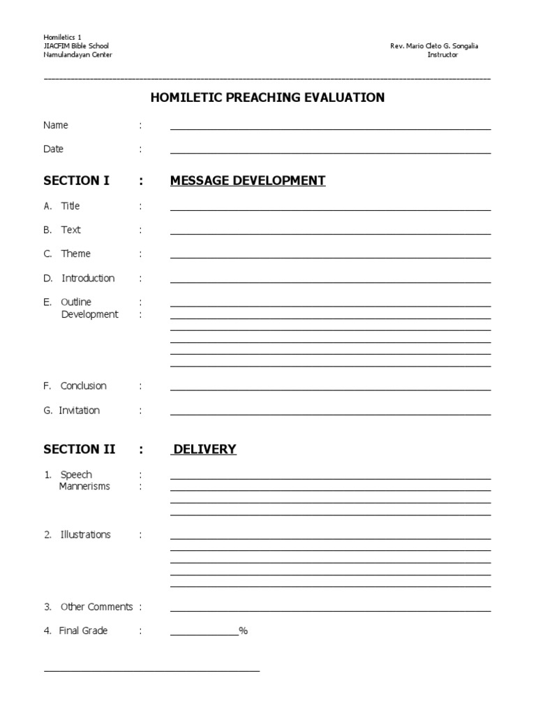 Homiletic Preaching Evaluation PDF Homiletics Religious Texts Worksheets Library