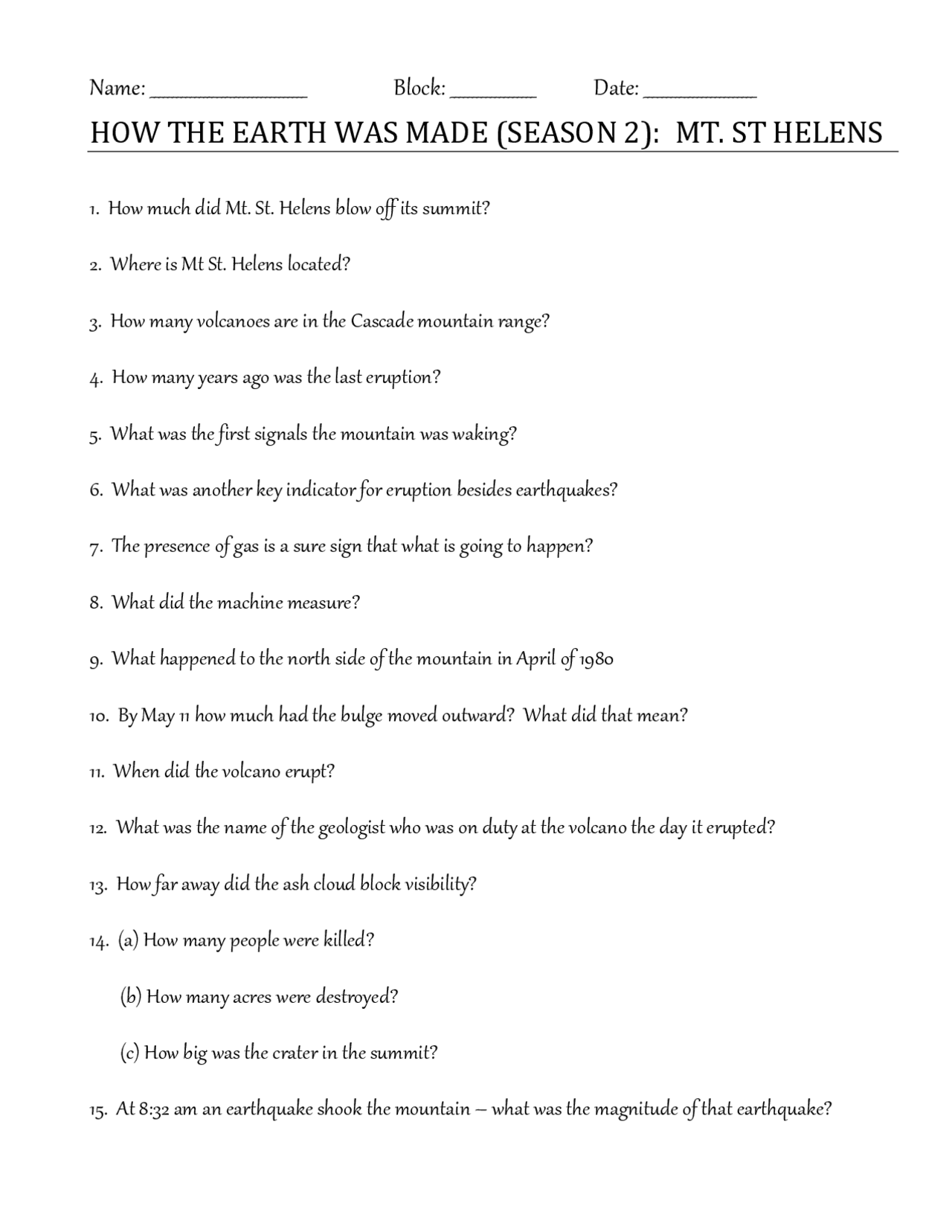 HOW THE EARTH WAS MADE SEASON 2 MT ST HELENS Study Notes Earth Sciences Docsity