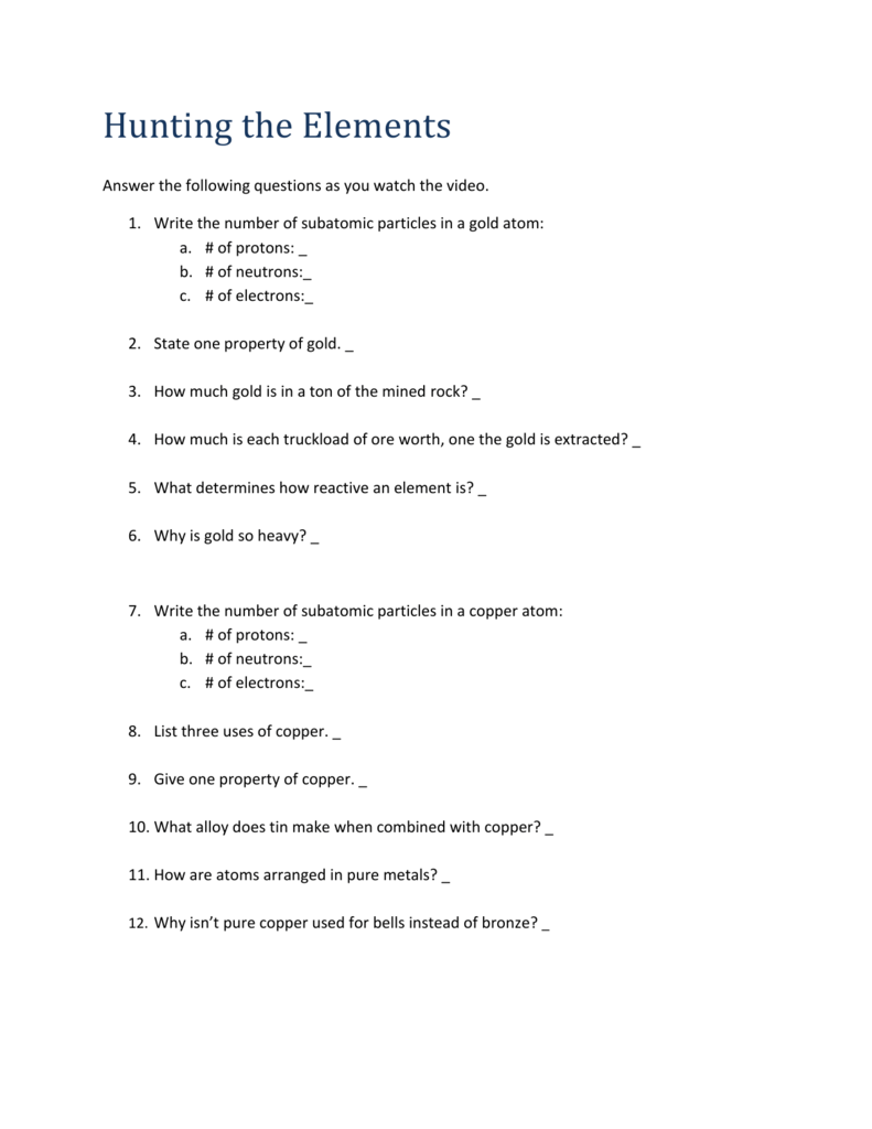 hunting the elements worksheet answers hunting the elements worksheet answers