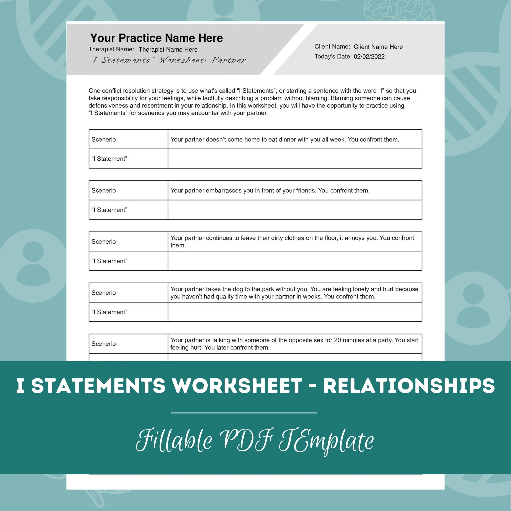 I Statements Worksheet For Relationships Editable Fillable PDF Template For Counselors Psychologists Social Workers Therapists Etsy