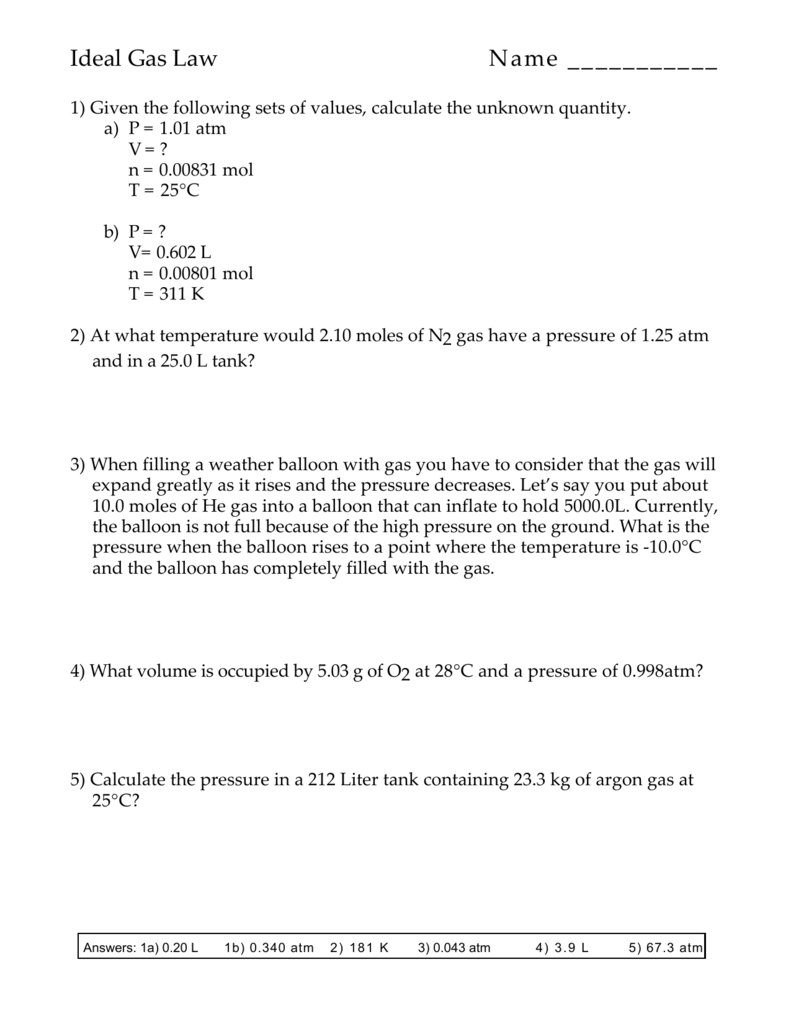 ideal gas law worksheet answers