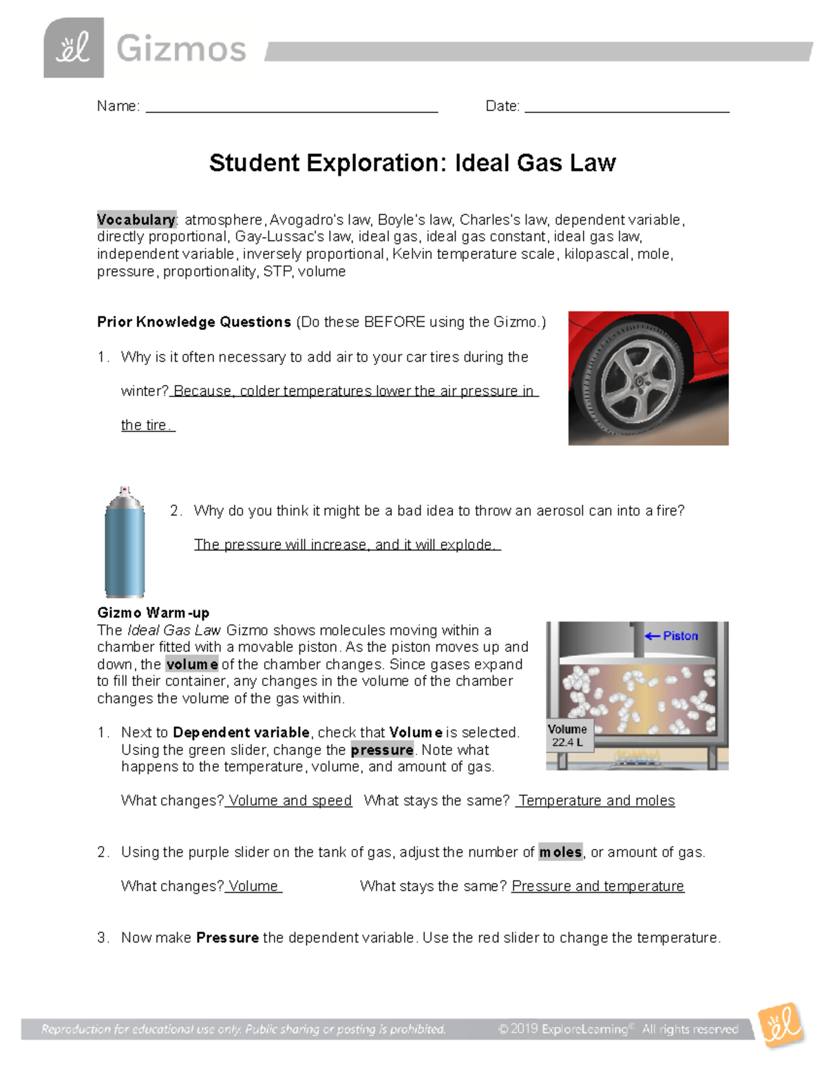 Ideal Gas Law SE Student Exploration And Activity Guide Studocu
