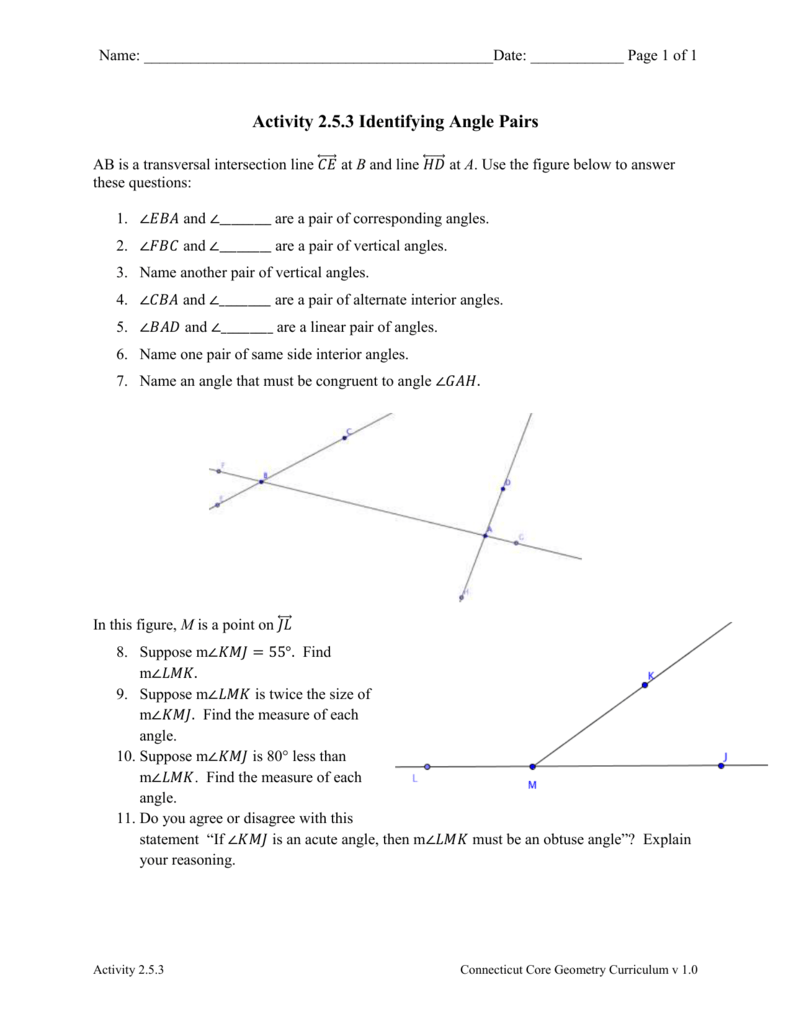 Identifying Angle Pairs Worksheet Geometry