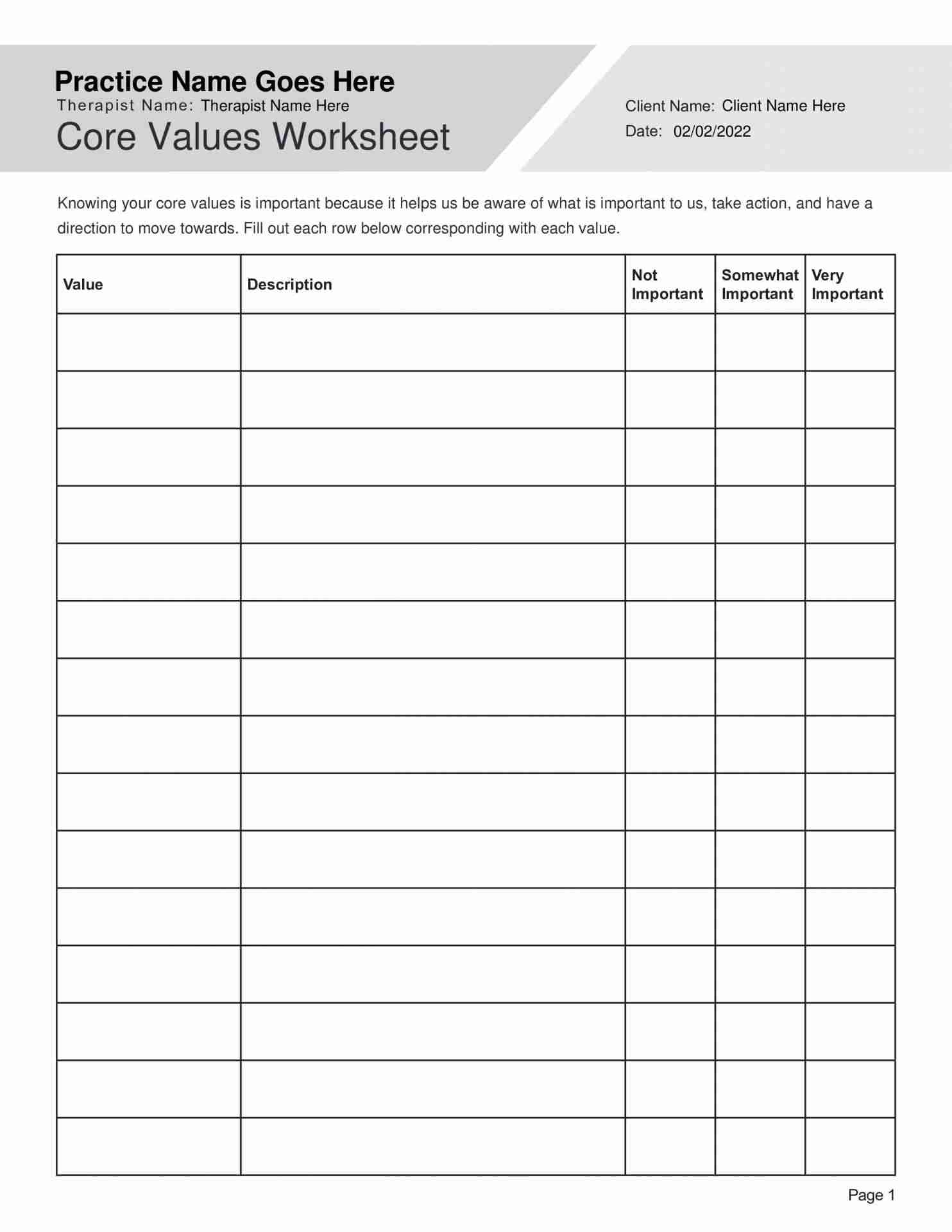 Identifying Core Values Worksheet PDF TherapyByPro Identifying Core Values Worksheet PDF TherapyByPro