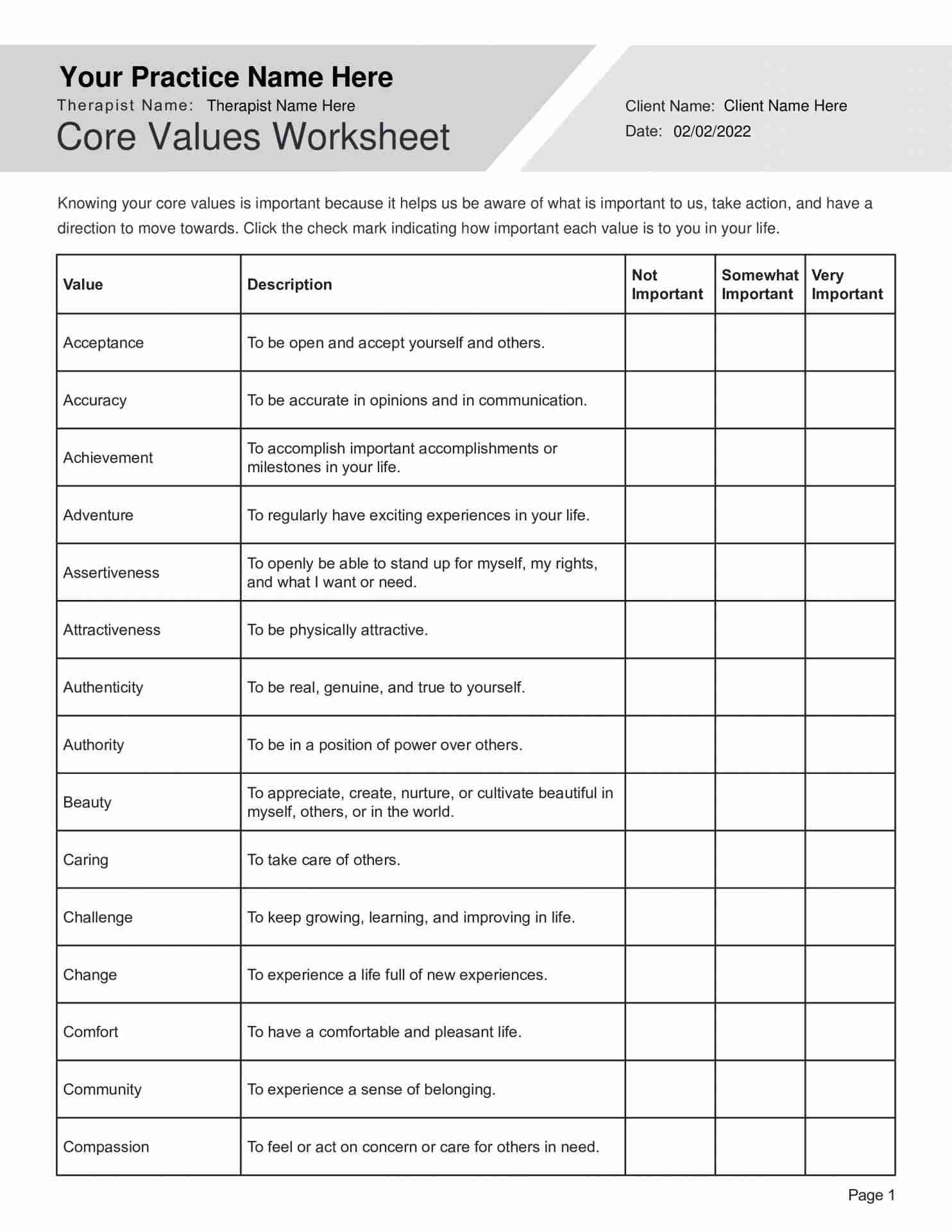 Identifying Core Values Worksheet PDF TherapyByPro Identifying Core Values Worksheet PDF TherapyByPro