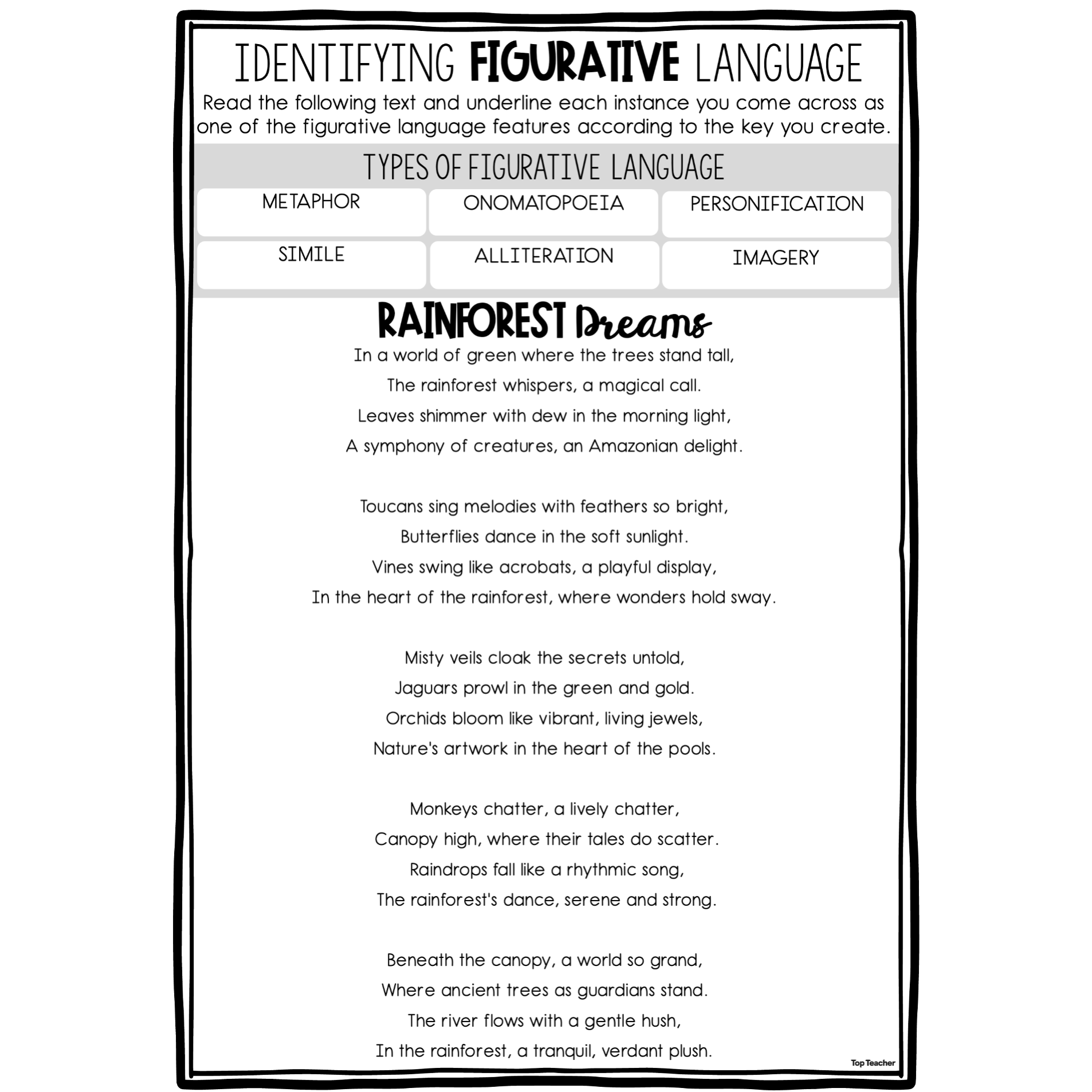 Identifying Figurative Language Worksheet Top Teacher