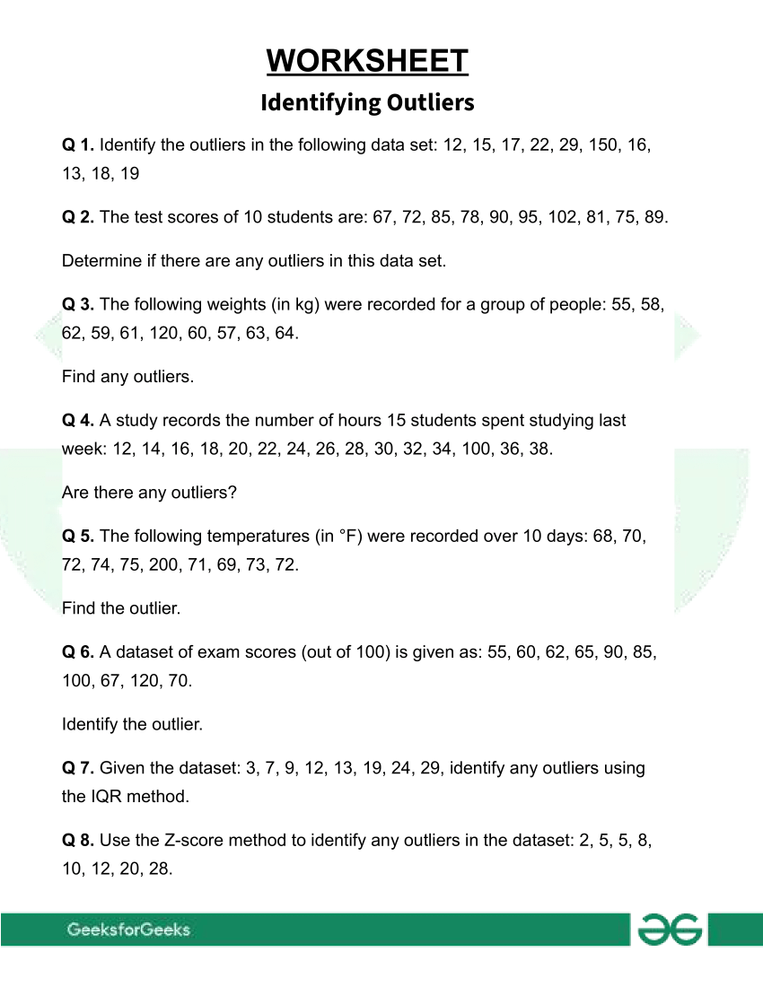 Identifying Outliers In Statistics Worksheet GeeksforGeeks