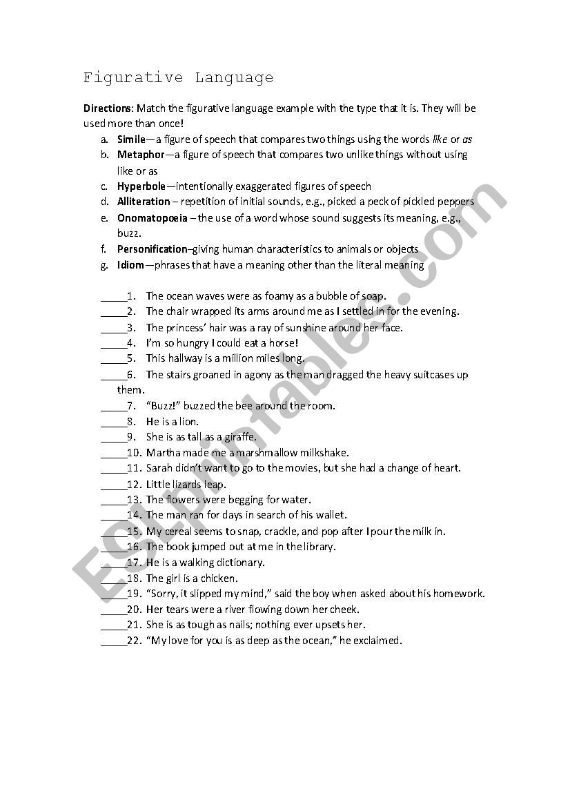 figurative language - identify it worksheet answers