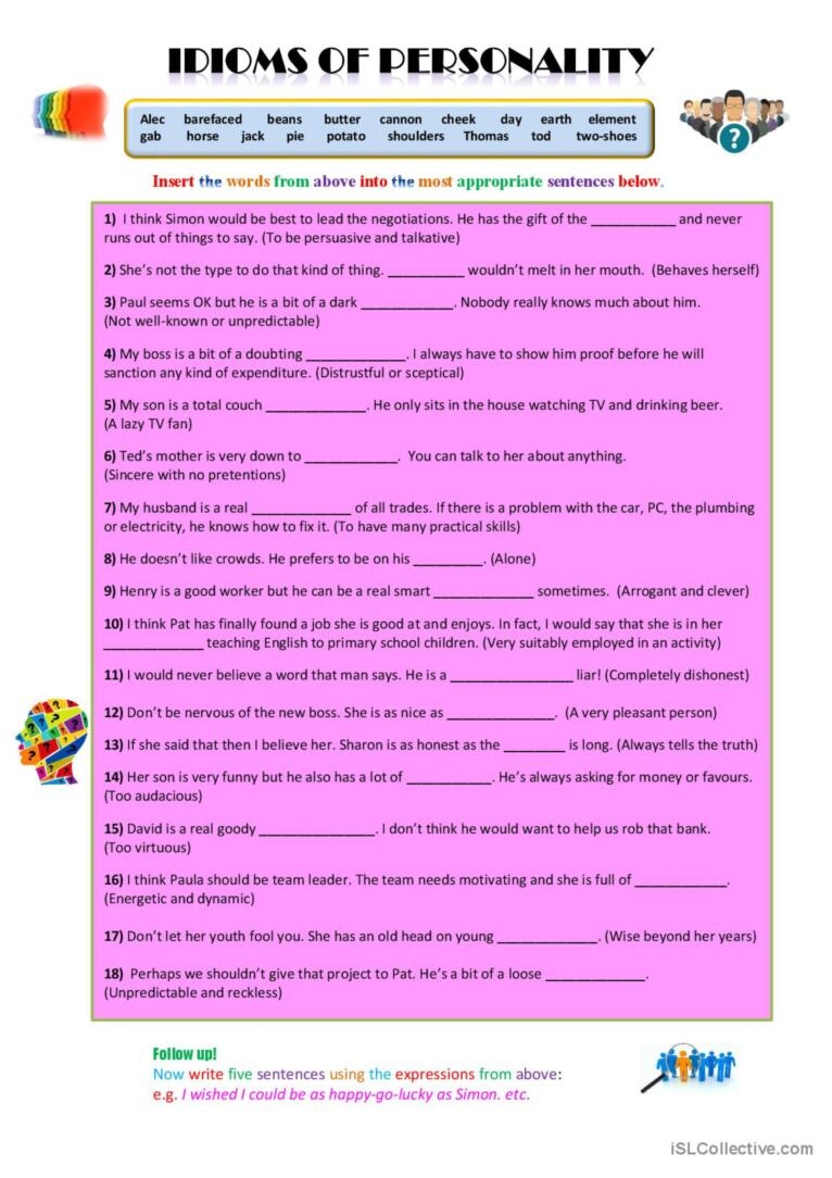 Idioms About Personality Discussion English ESL Worksheets Pdf Doc Idioms About Personality Discussion English ESL Worksheets Pdf Doc
