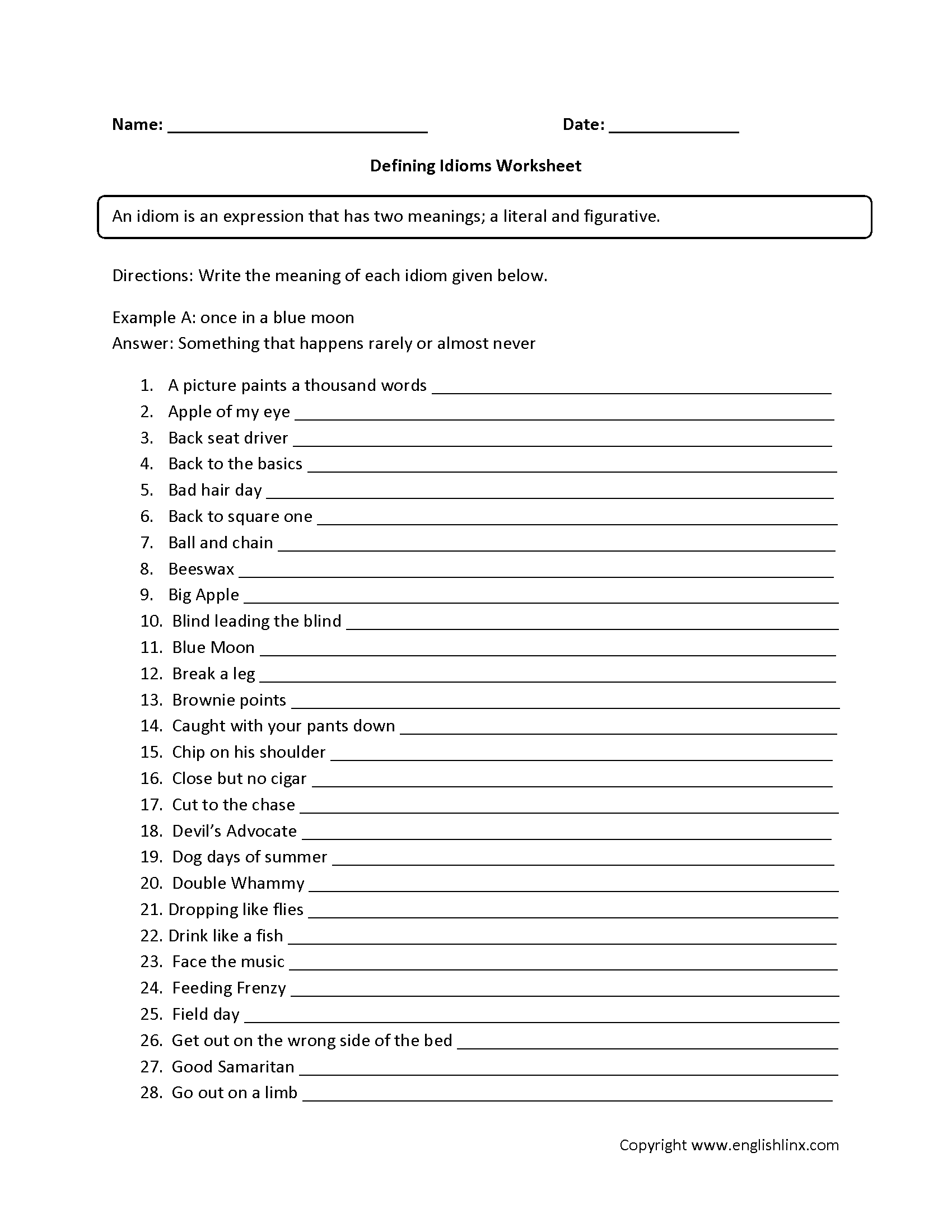 Idioms Worksheets Defining Idioms Worksheet Idioms Worksheets Defining Idioms Worksheet