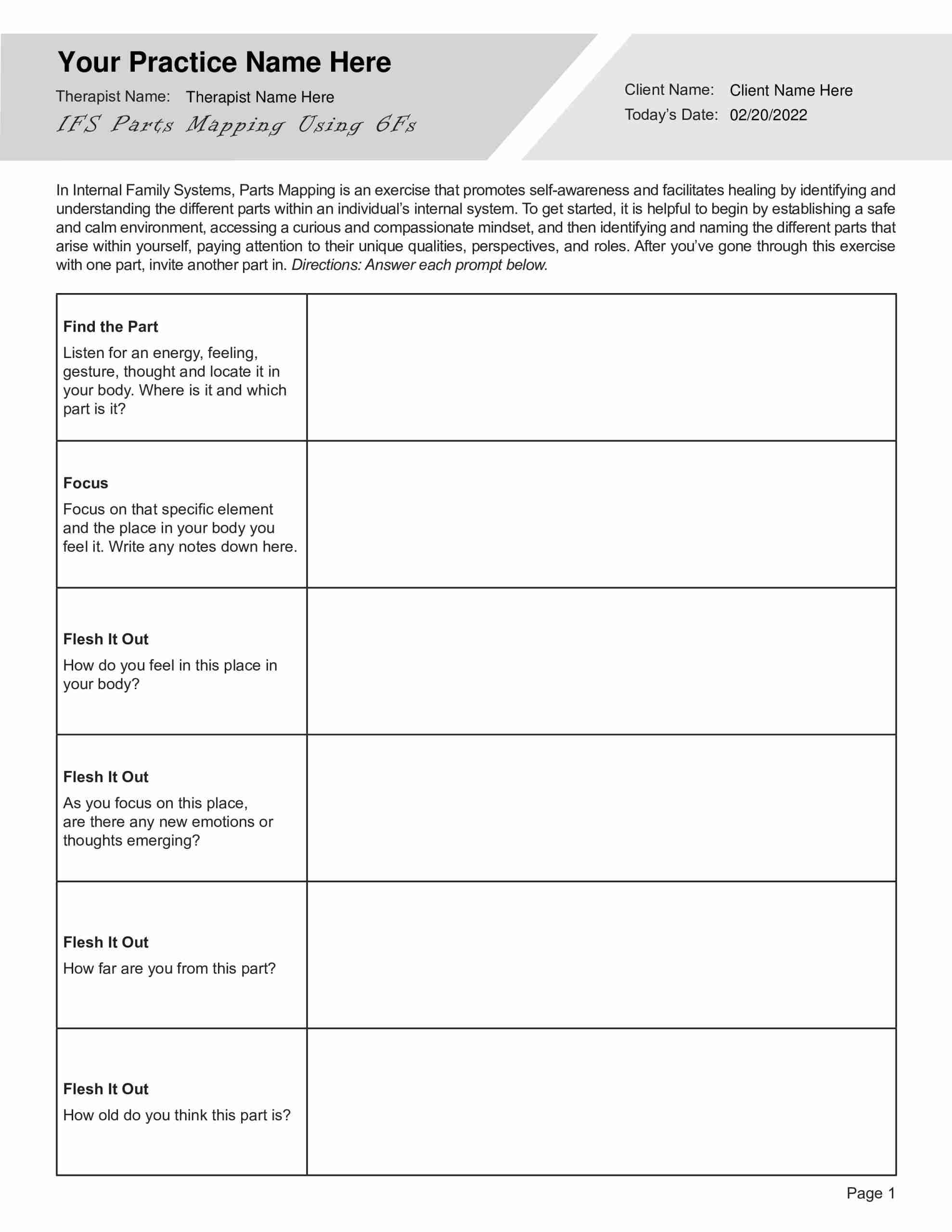 IFS Parts Mapping PDF Worksheet TherapyByPro