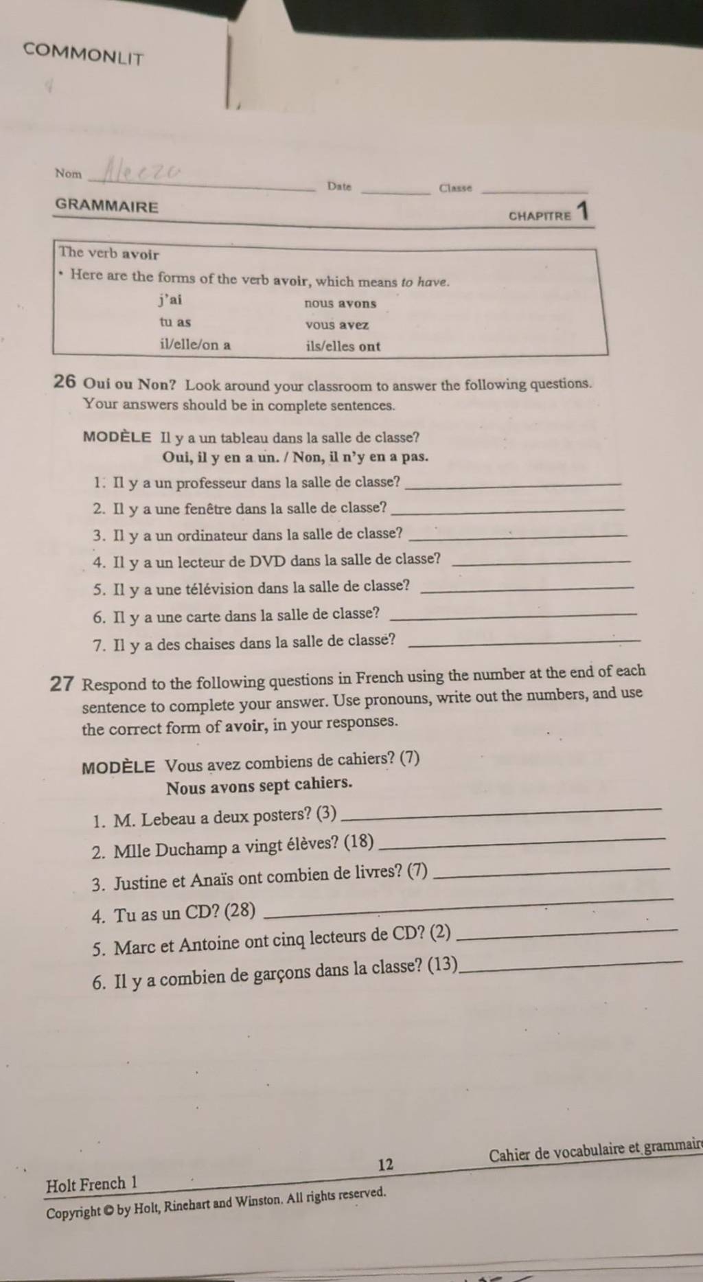 Il Y A Des Chaises Dans La Salle De Class 27 Respond To The Following Q Il Y A Des Chaises Dans La Salle De Class 27 Respond To The Following Q