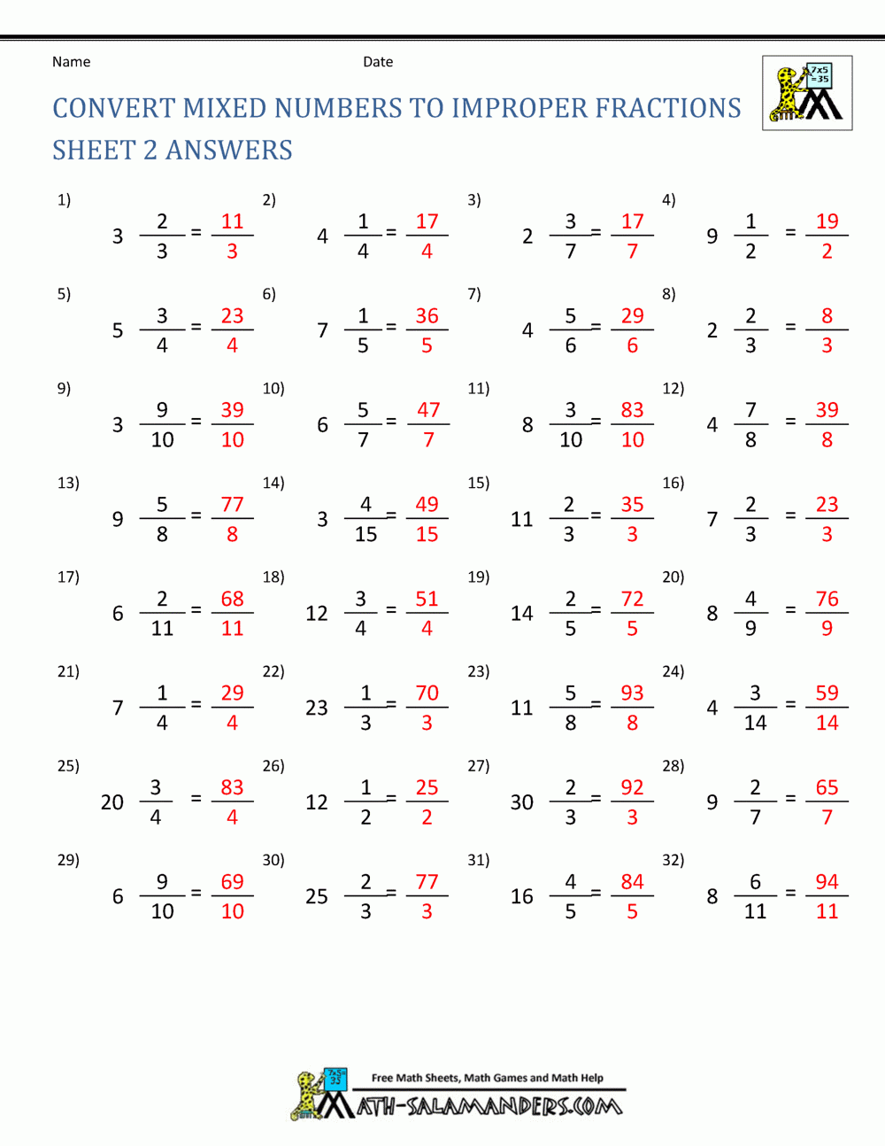 Improper Fraction Worksheets