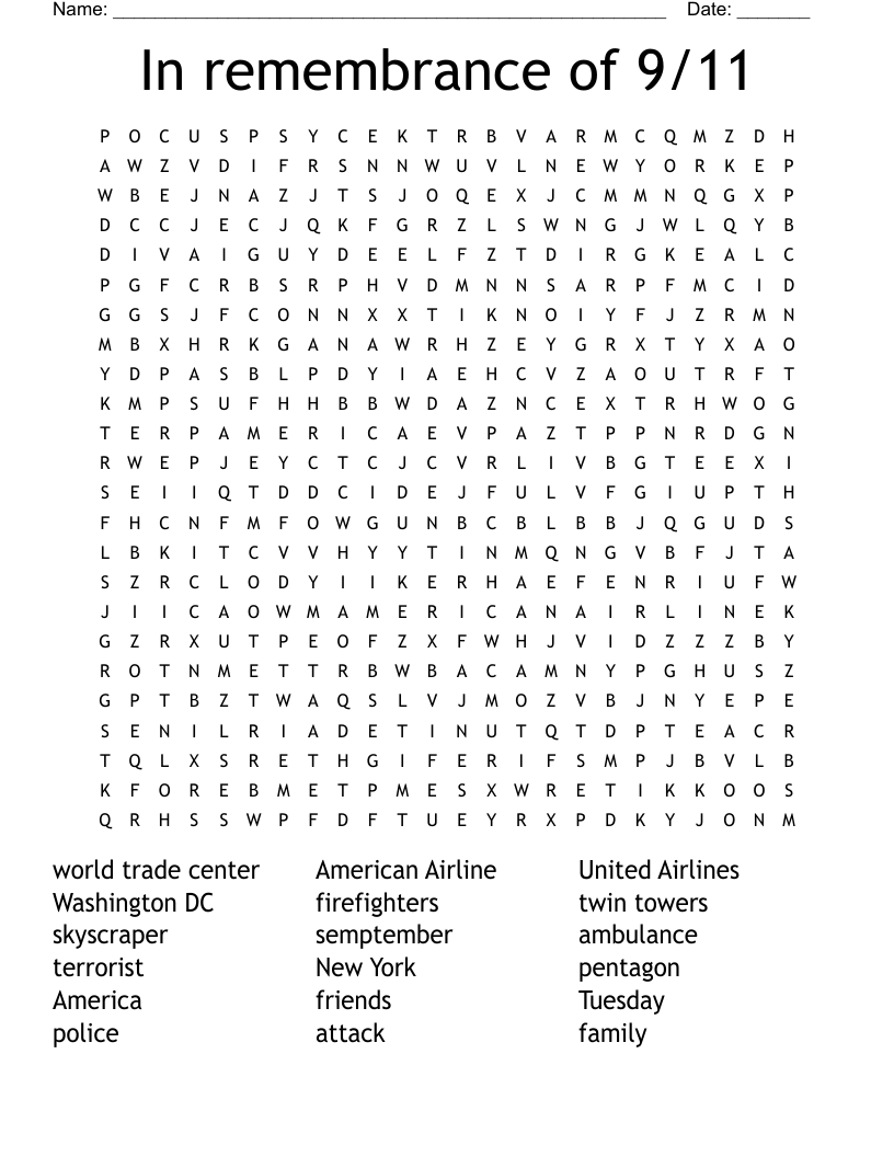In Remembrance Of 9 11 Word Search WordMint
