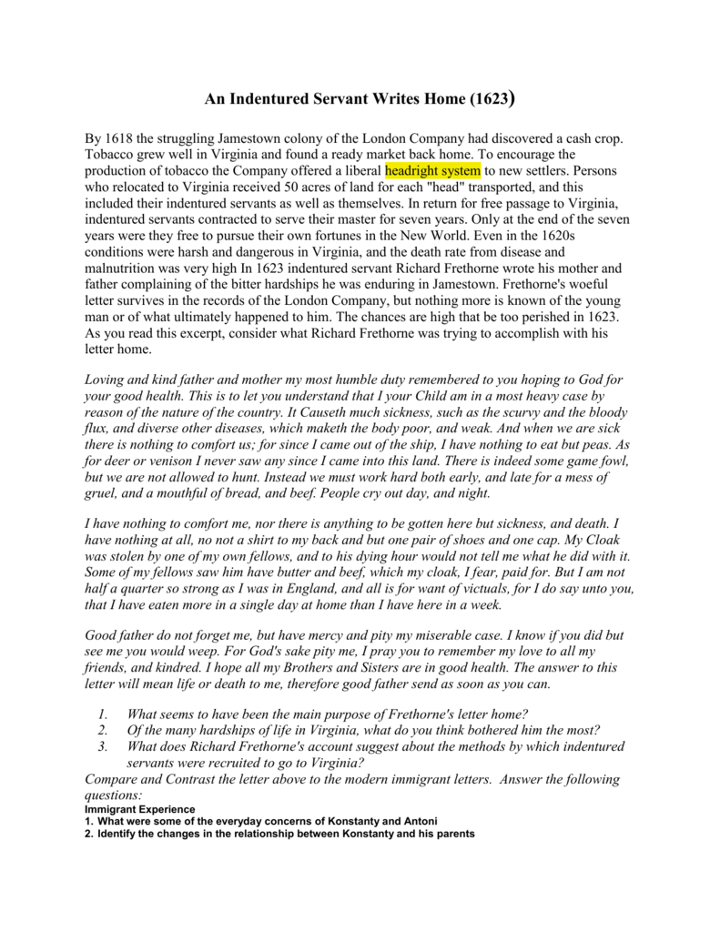 Indentured Servant s Letter Jamestown Hardships 1623 Indentured Servant s Letter Jamestown Hardships 1623