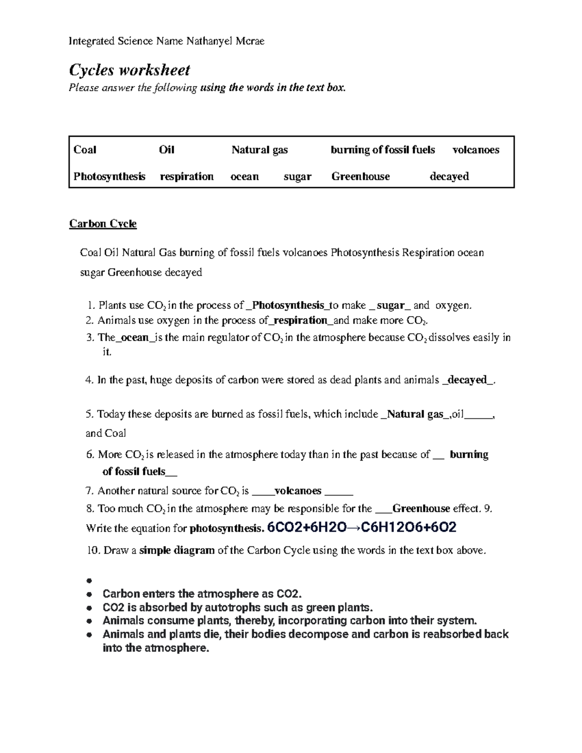 cycles worksheet answer key