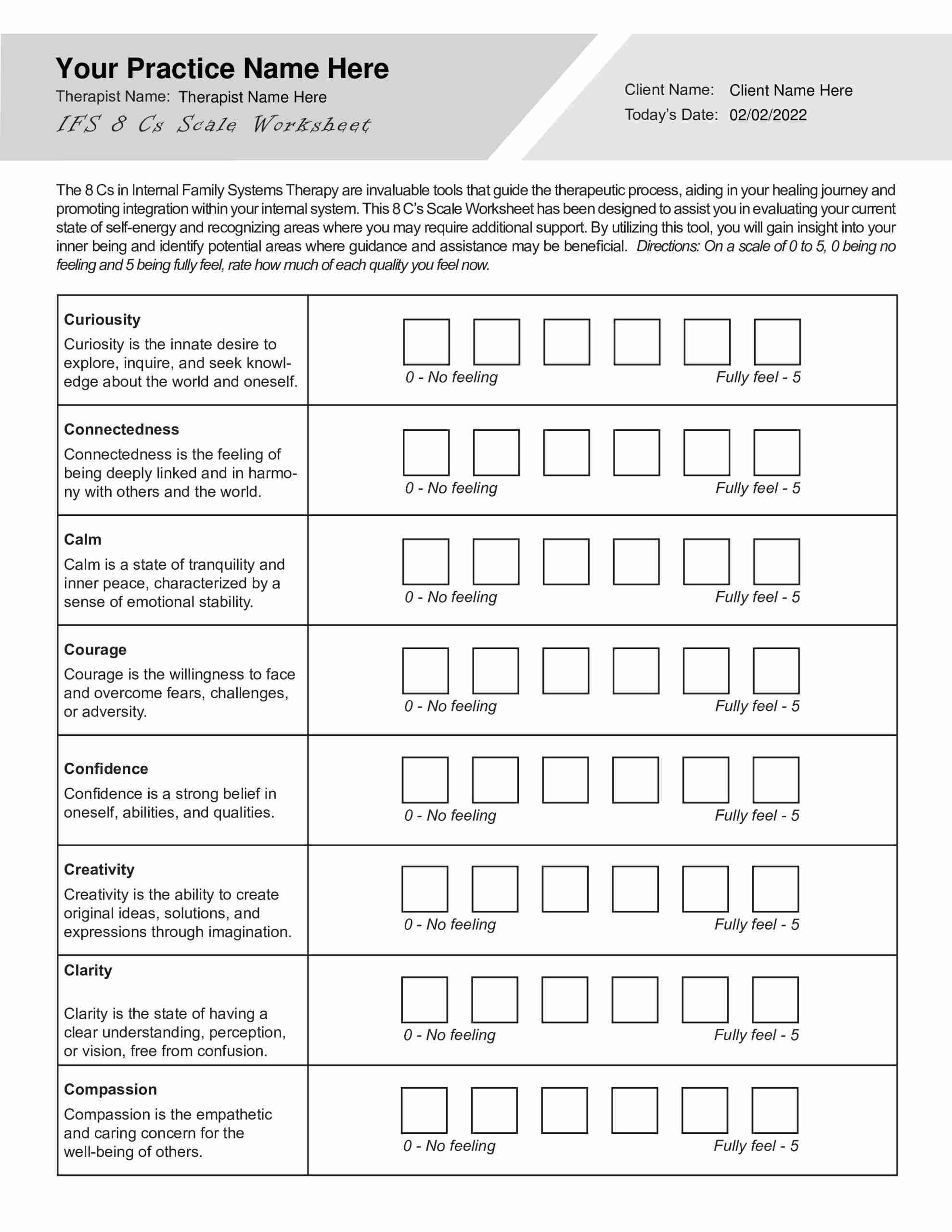 Internal Family Systems 8 Cs Scale Worksheet TherapyByPro