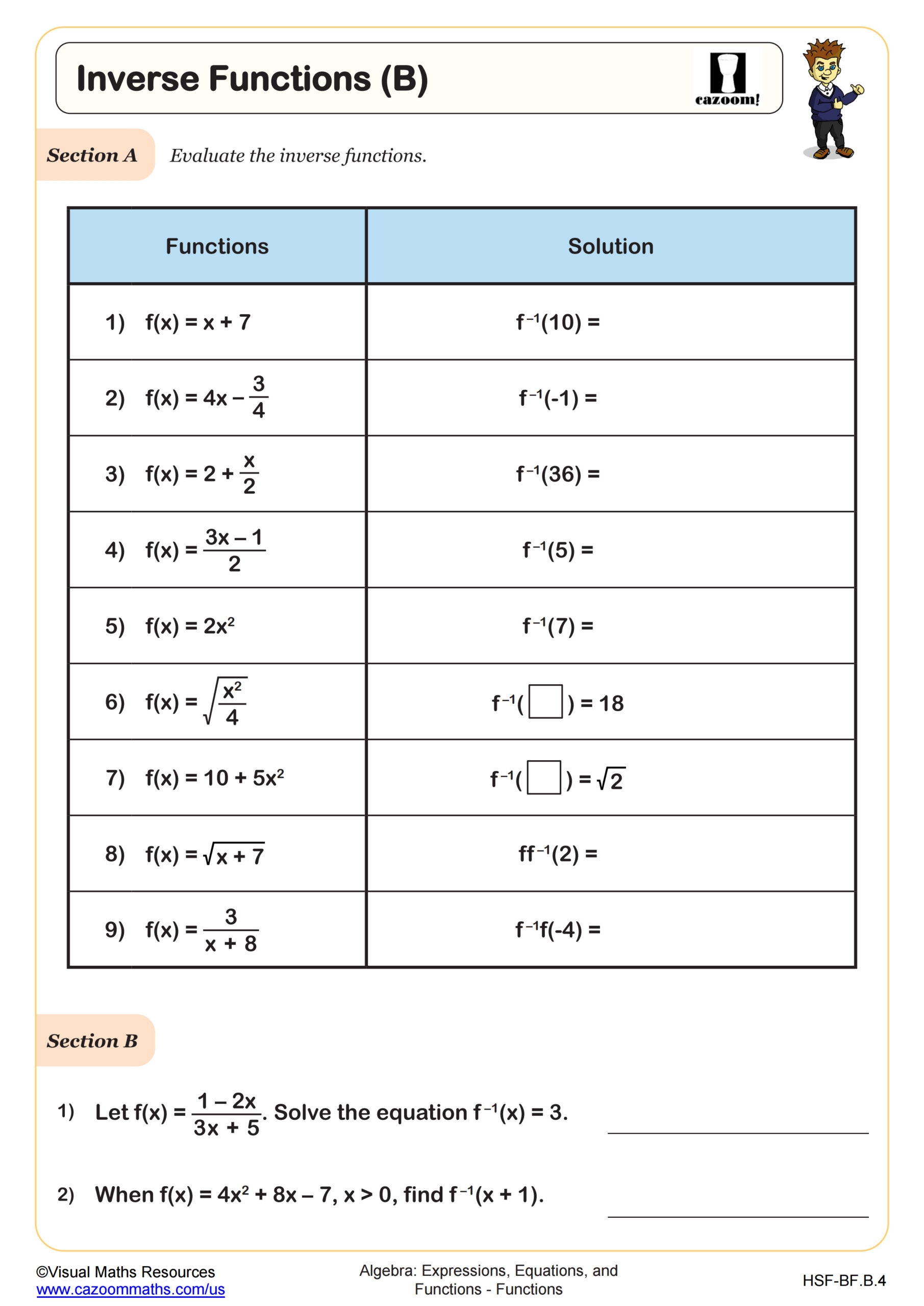 Inverse Functions B Worksheet Algebra II PDF Worksheets Cazoom Math