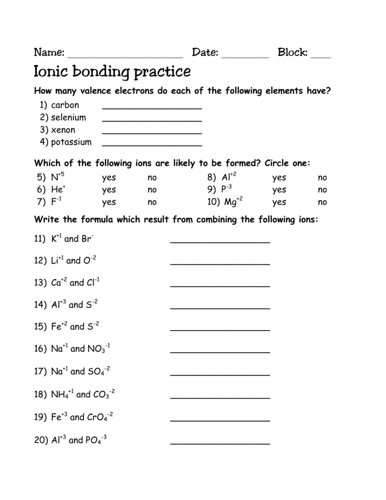 Ionic Bonding Practice Worksheet