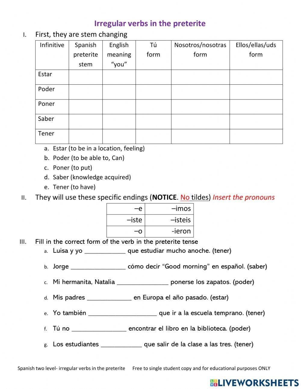 Irregular Preterite Verbs Worksheet Worksheets Library