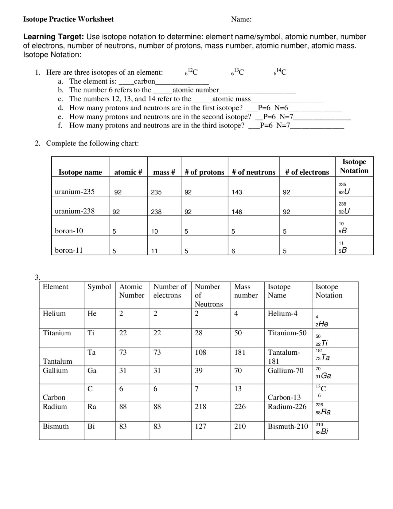 Isotope Practice Worksheet Understanding Atomic Structure And Isotopes Lecture Notes Chemistry Docsity