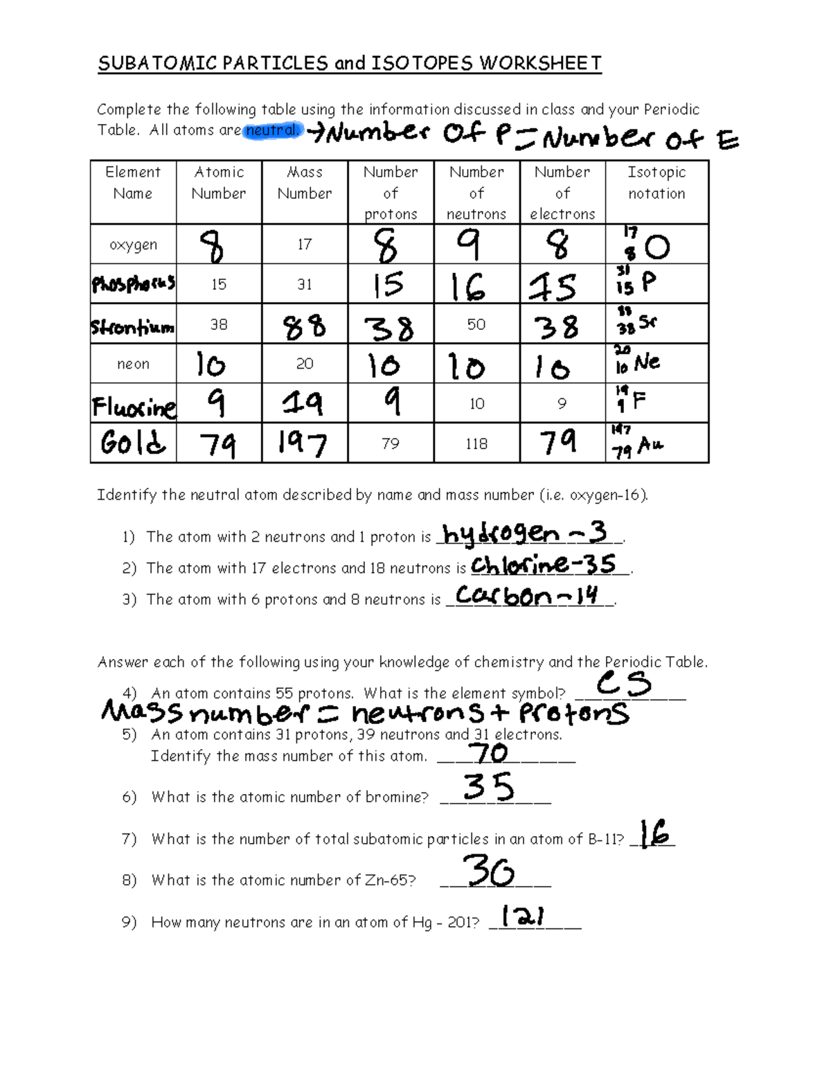 isotopes worksheet answer key