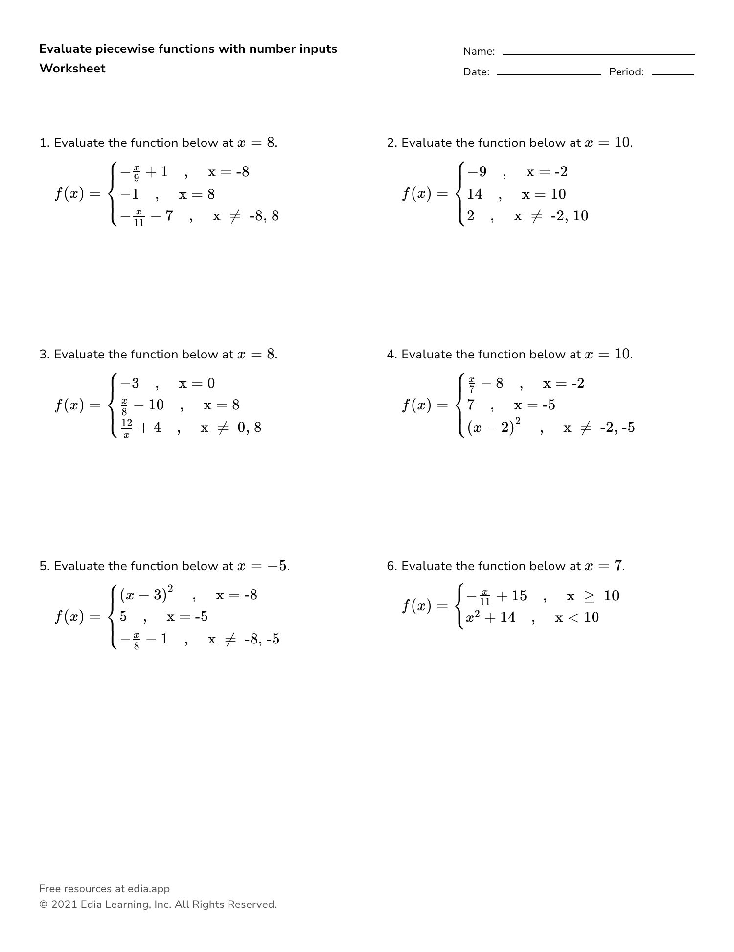 IXL Piecewise Functions Worksheets Library