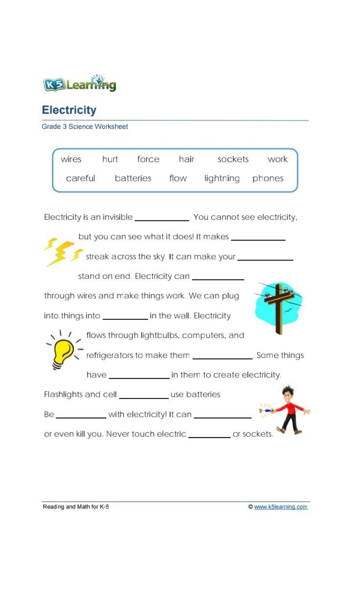 K5 Learning ELECTRICITY Grade 3 Worksheet 1 Answers Available 