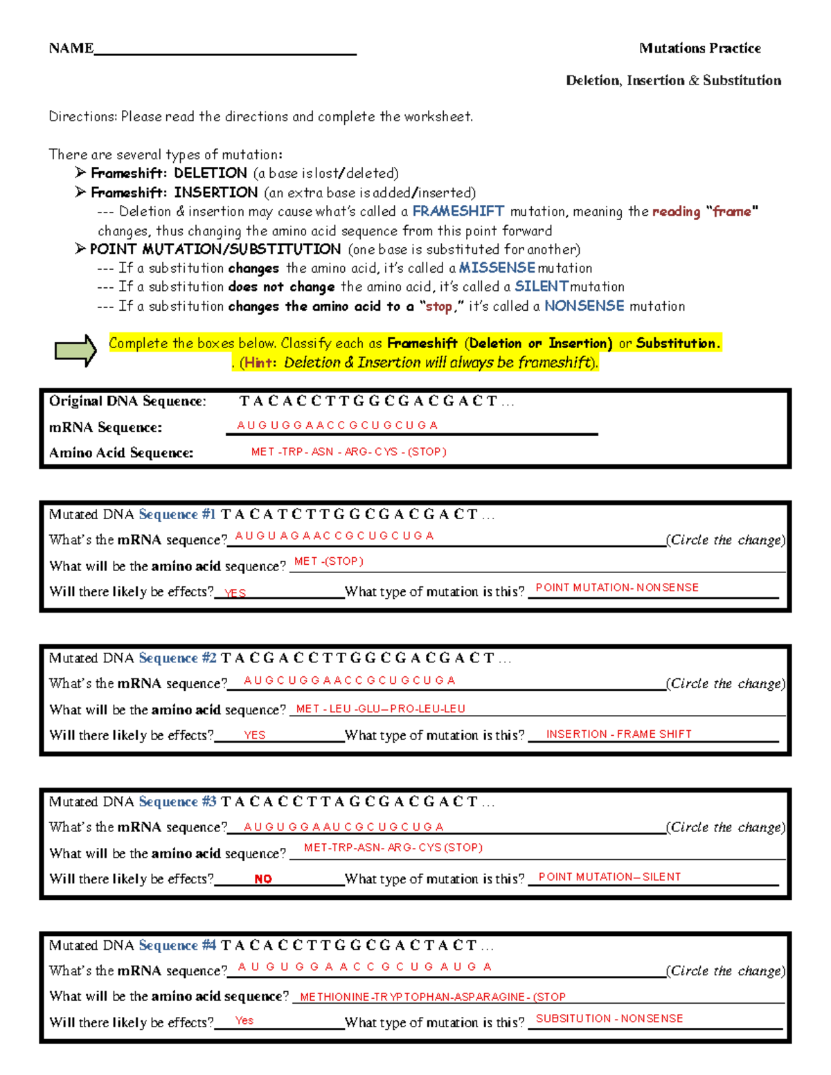 mutations worksheet answer key