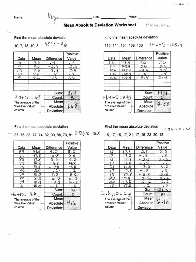 Key HWK Mean Absolute Deviation PDF Worksheets Library