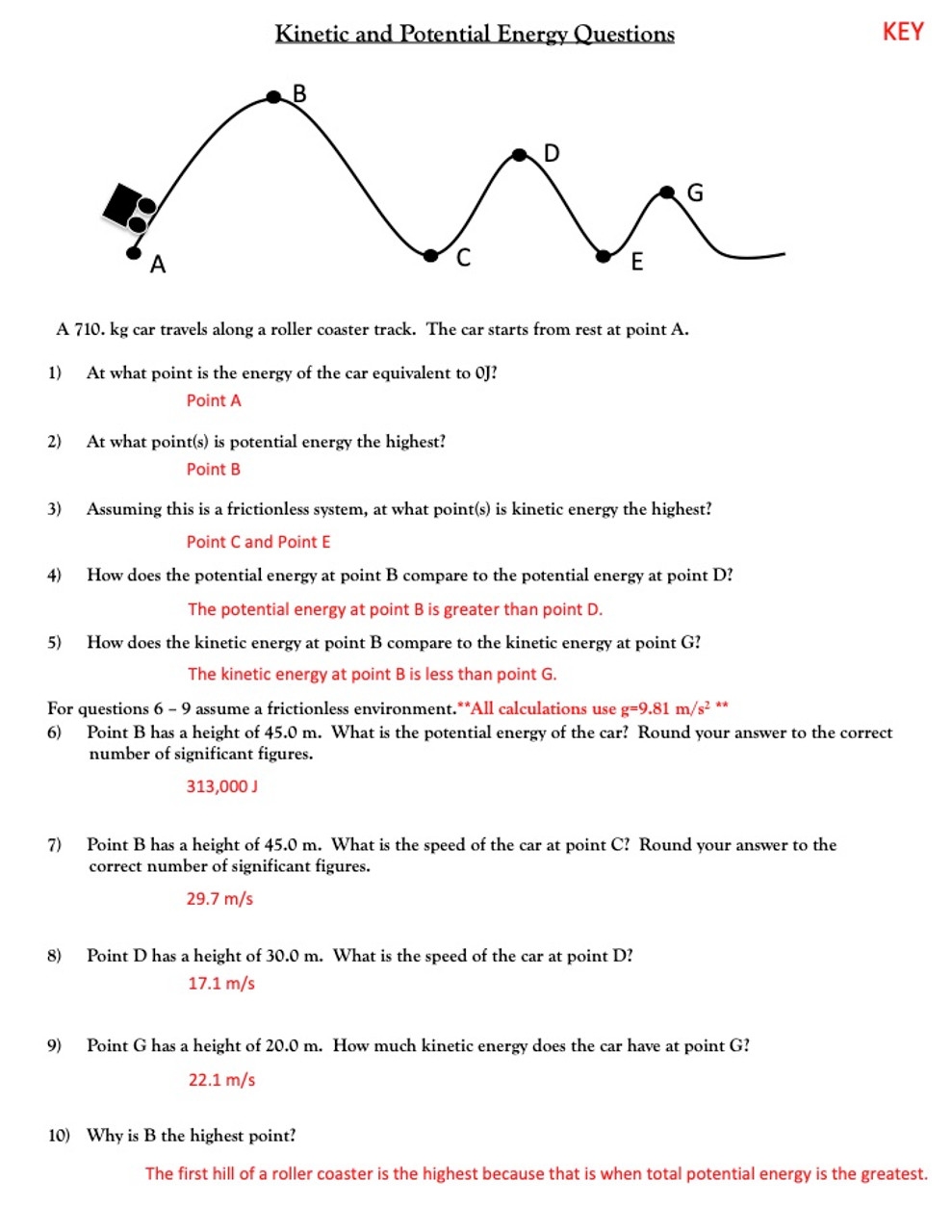 kinetic and potential energy worksheet answers
