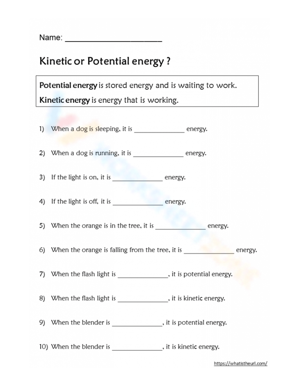 Kinetic And Potential Energy Worksheets Printable