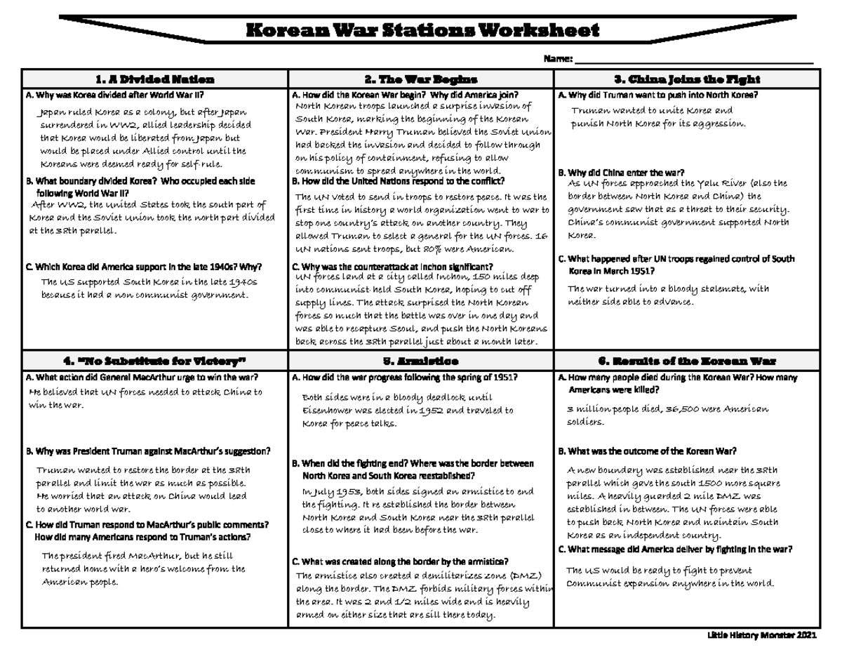 Korean War Overview Worksheet Key Events And Outcomes Studocu