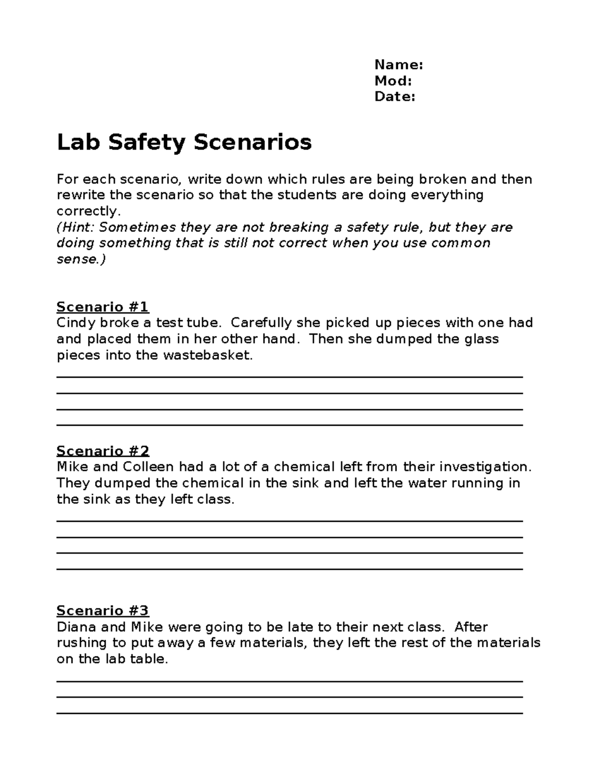 Lab Safety Scenarios Worksheet Analysis Corrections Studocu