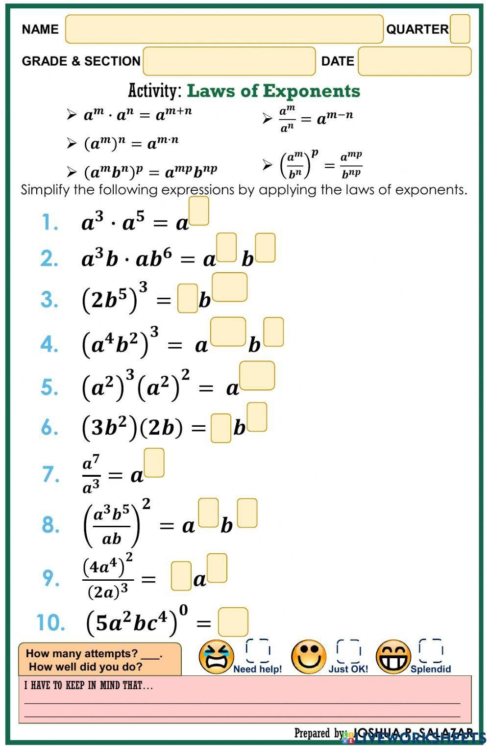 laws of exponent worksheet pdf