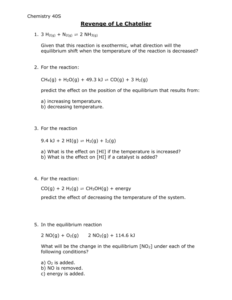 Le Chatelier s Principle Worksheet Chemistry 40S