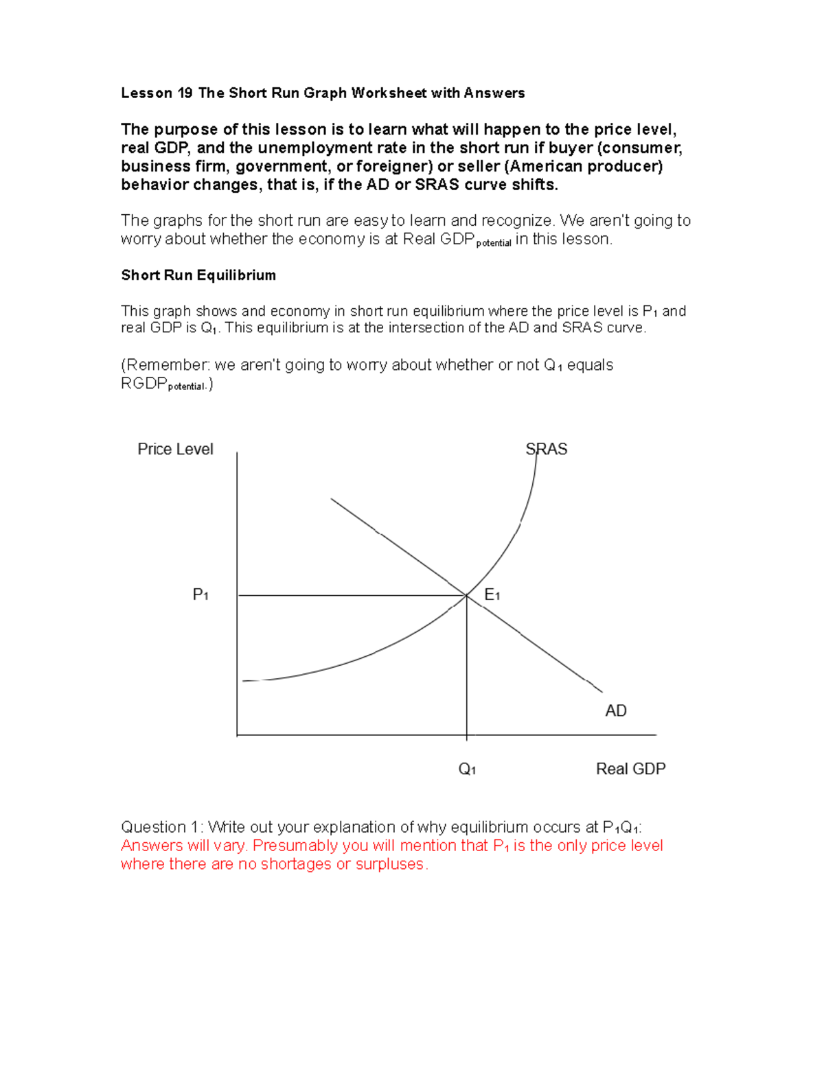 Lesson 19 Short Run Graphs Worksheet Answers For Economics Studocu