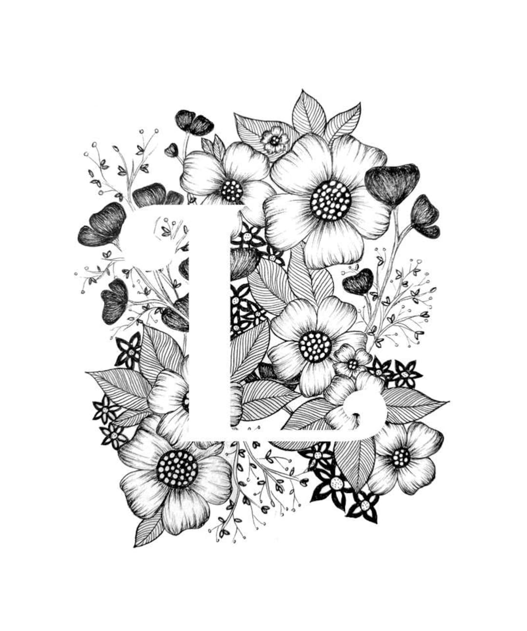 Letter L Print dark Flowers Alphabet Calligraphy Typography Monogram Flowers Black And White Ink Art Print Etsy
