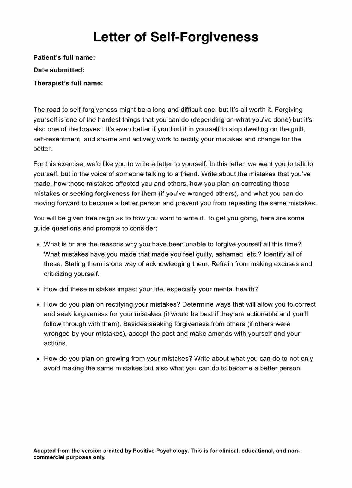 Letter Of Self Forgiveness Worksheet