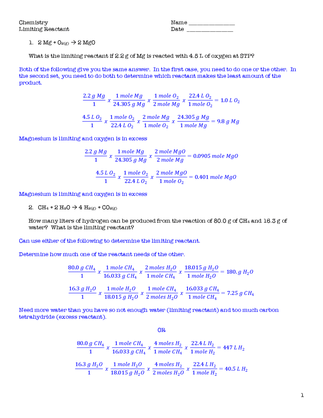 Limiting Reactant Practice Answers Lecture Notes Chemistry Docsity Worksheets Library