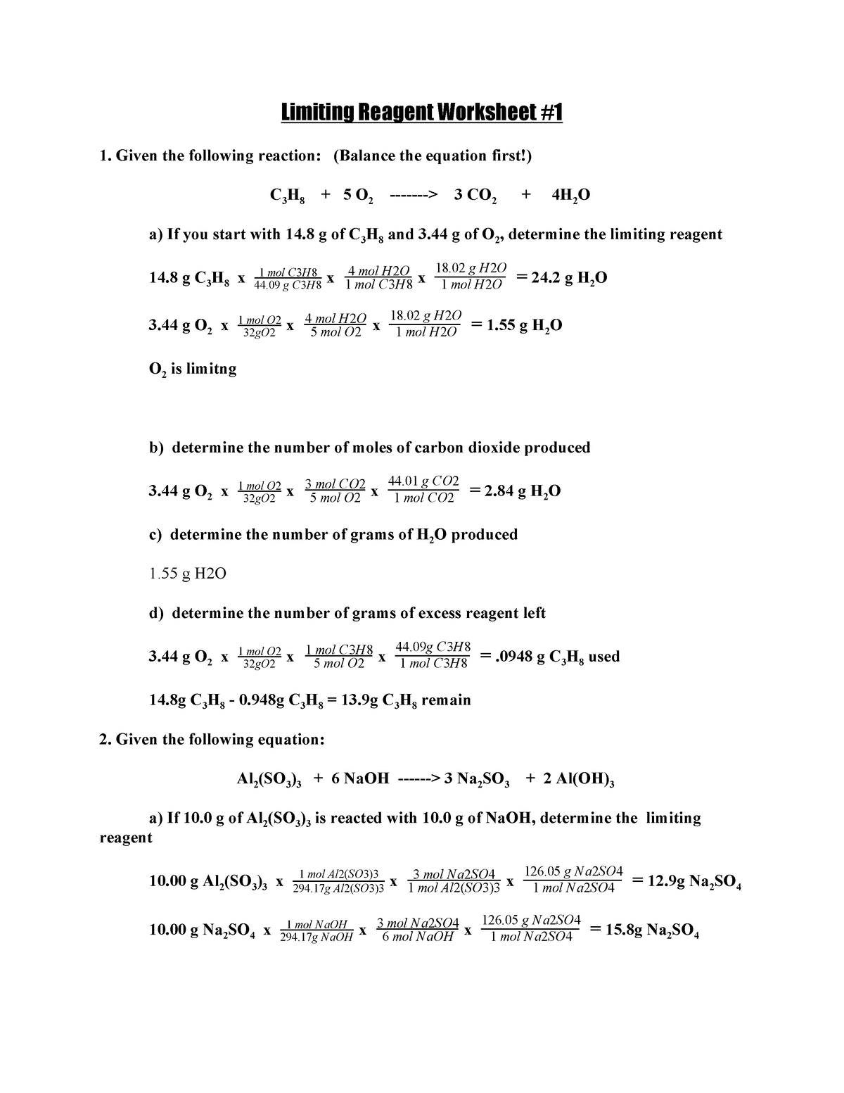 Limiting Reagent Worksheet 1 And 2 Limiting Reagent Worksheet 1 Worksheets Library