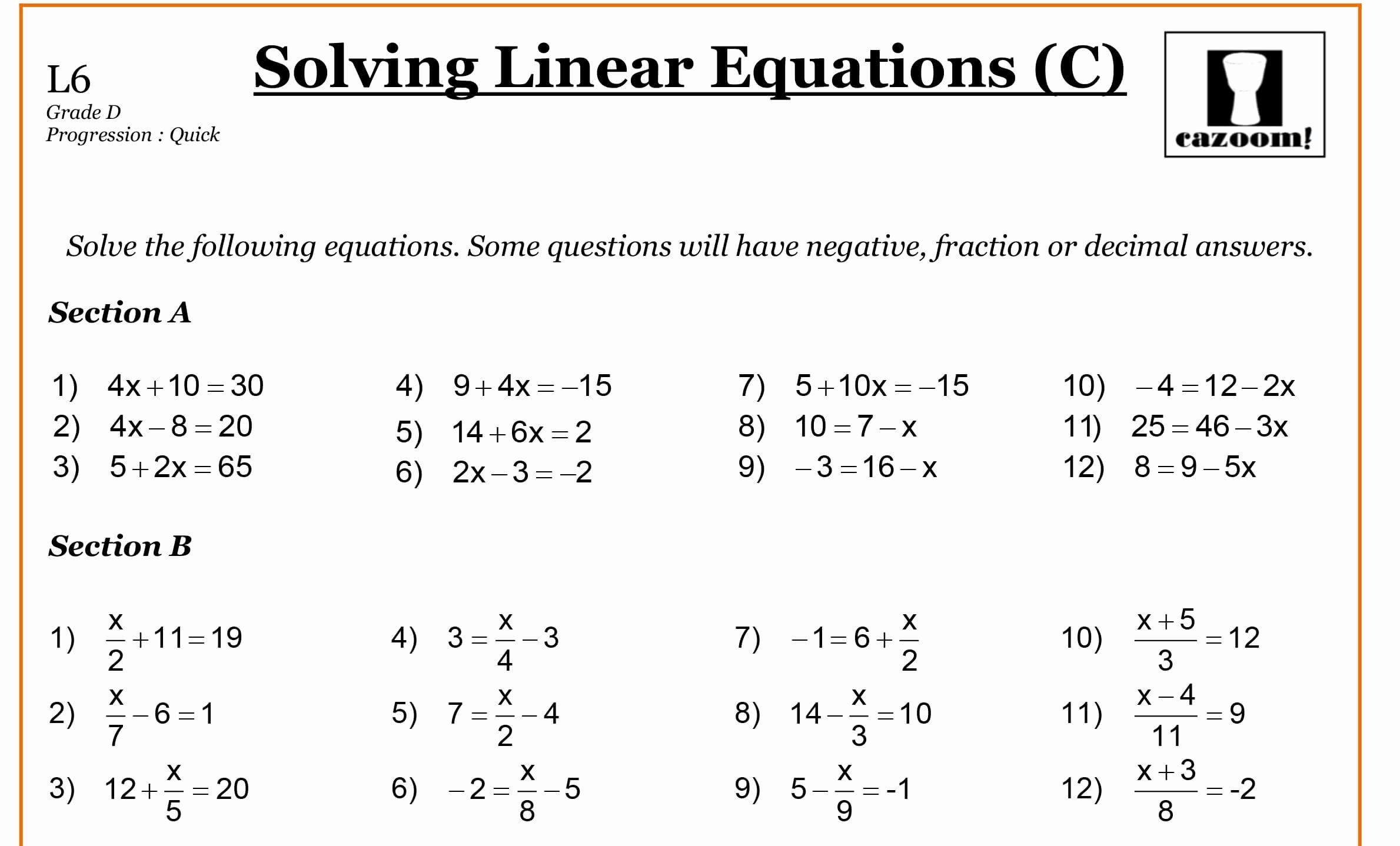 Linear Equations Worksheet Pdf Elegant Solving Linear Equations Worksheets Library