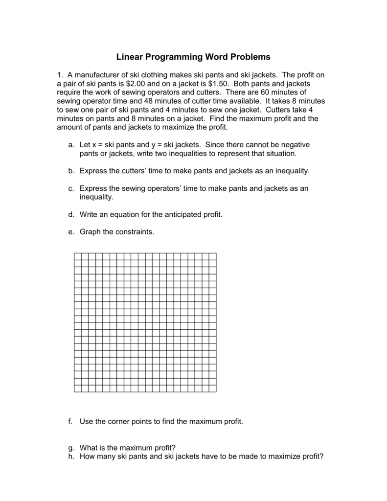 Linear Programming Word Problems Worksheet Linear Programming Word Problems Worksheet