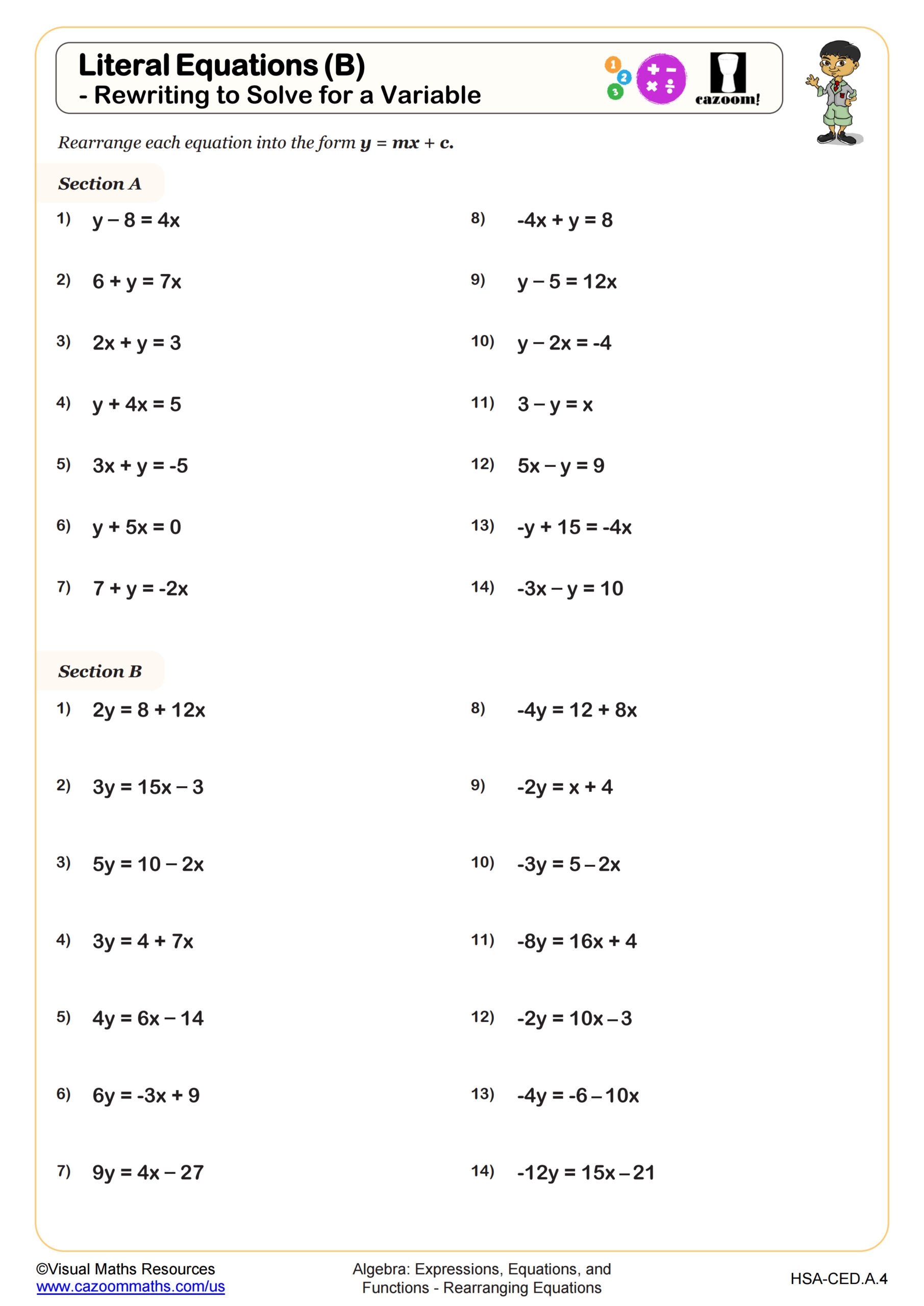Literal Equations A Rewriting To Solve For A Variable Worksheet Algebra I PDF Worksheets Cazoom Math