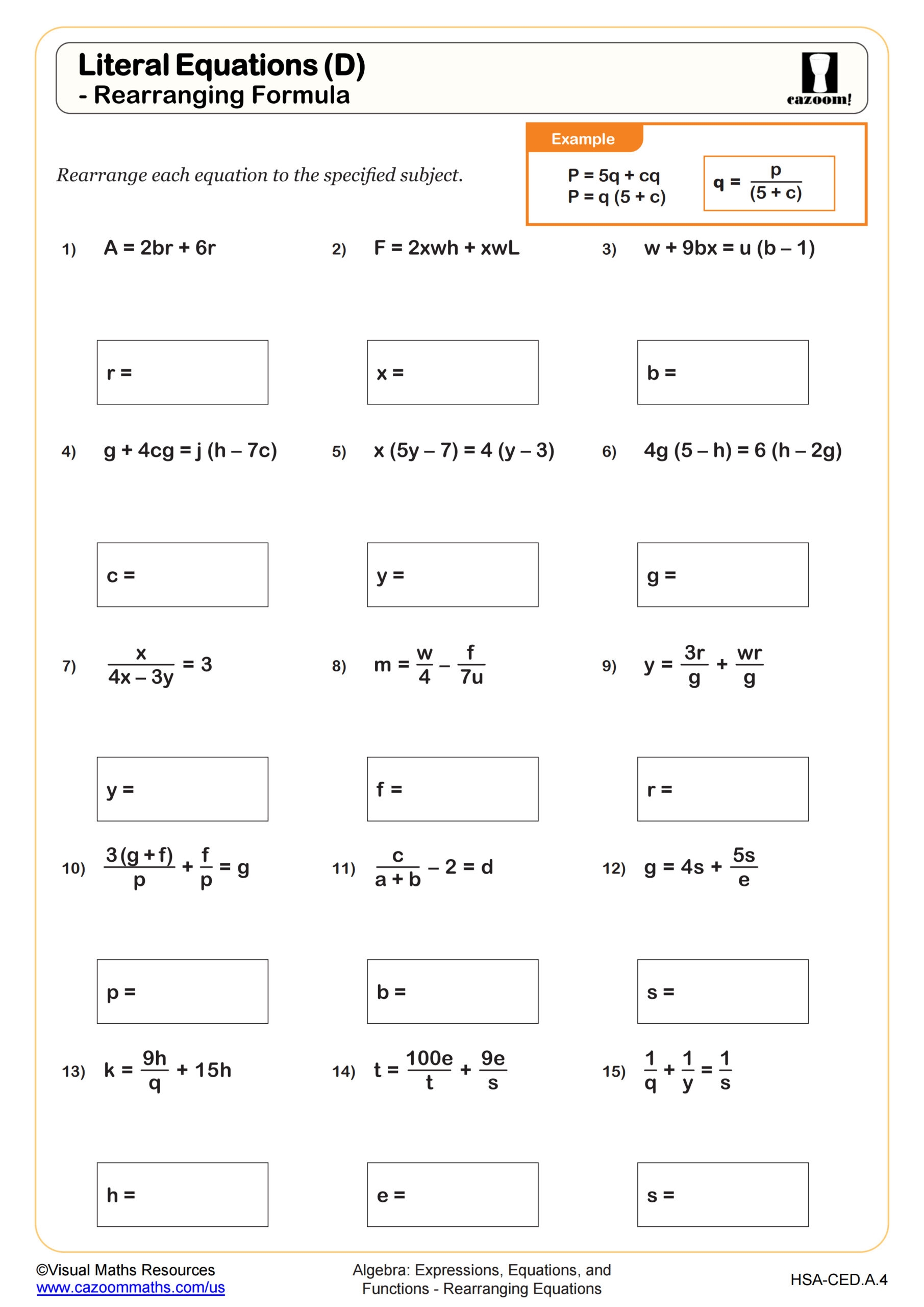 Literal Equations D Rearranging Formula Worksheet Algebra I PDF Worksheets Cazoom Math
