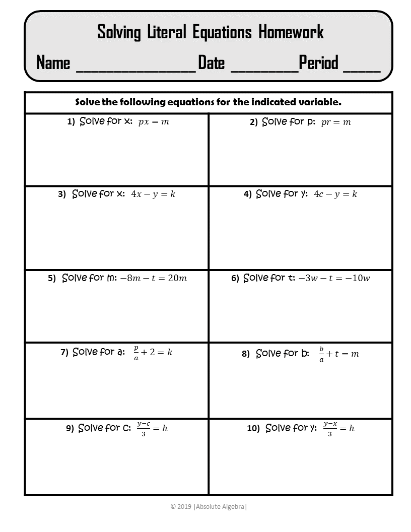 Literal Equations Notes Practice Homework PDF And Editable U1 Absolute Algebra
