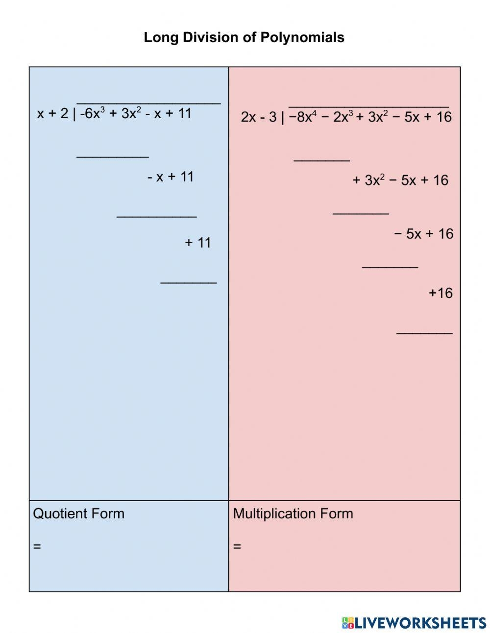 polynomial division worksheet pdf