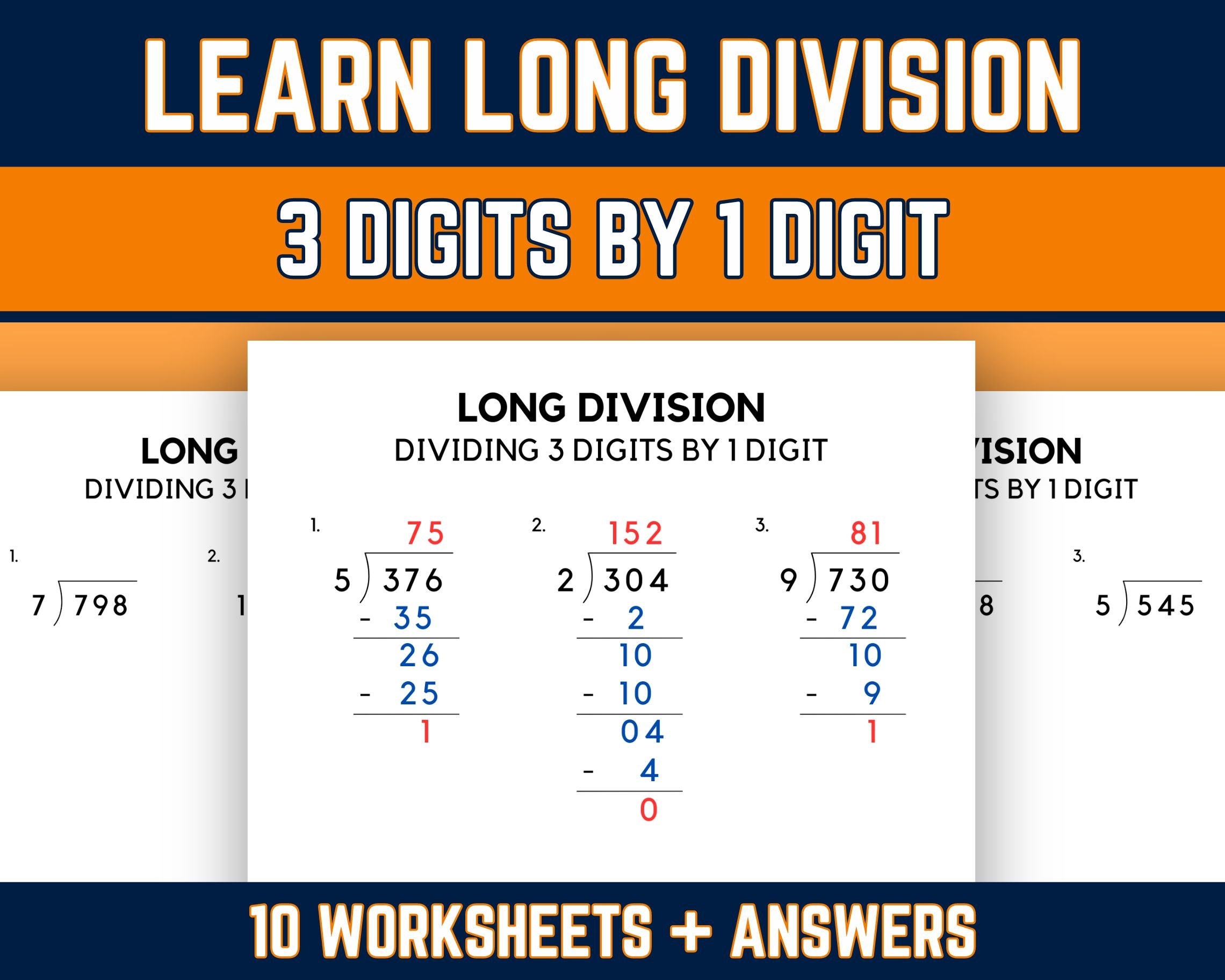 Long Division Practice Worksheets With Answers 5th Grade Math Dividing 3 Digit By 1 Digit Numbers Printable PDF Download Etsy